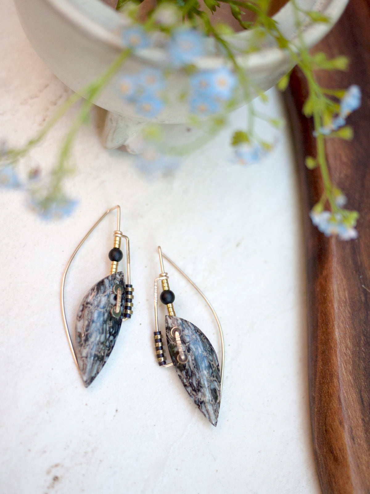Deco Style Abstract Petrified Pocket Rotwood Drop Earrings