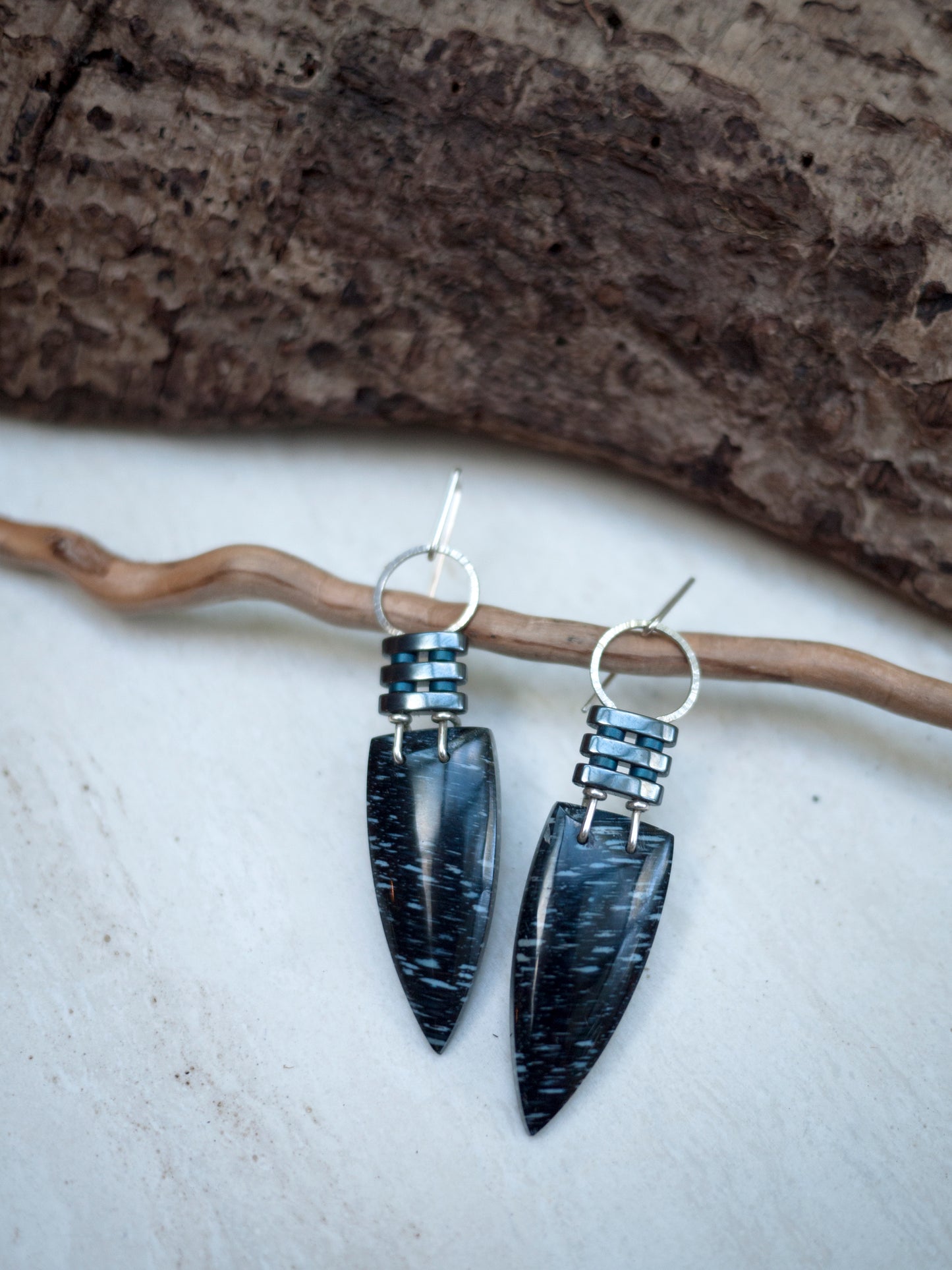 Three Bar Black Petrified Palm Wood Dangle Earrings