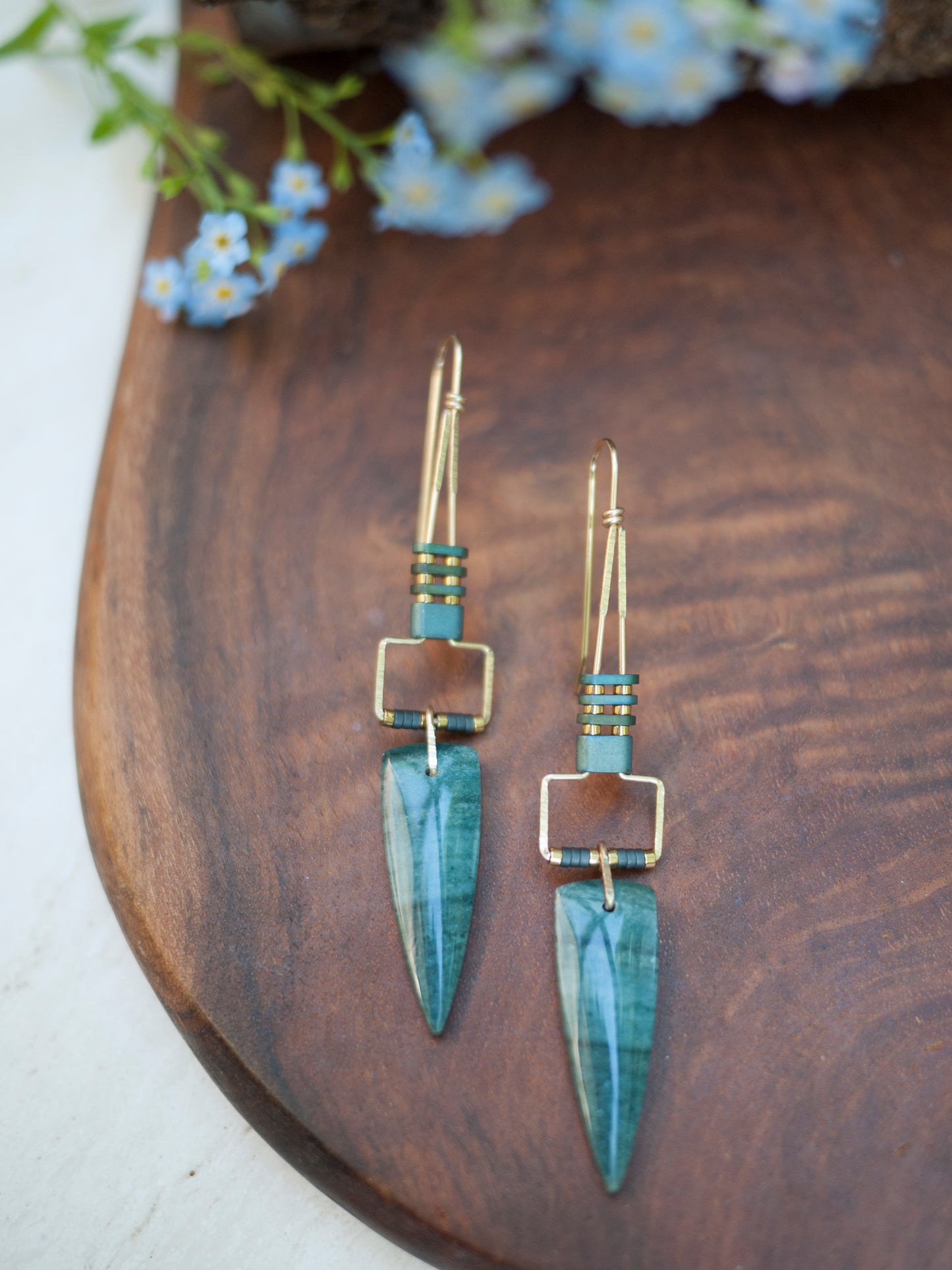 Long Polychrome Jasper Spear Rectangle Motif Earrings