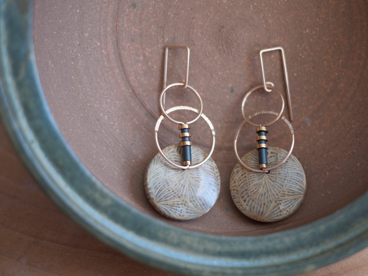 Fossil Coral Circle Motif Dangle Earrings