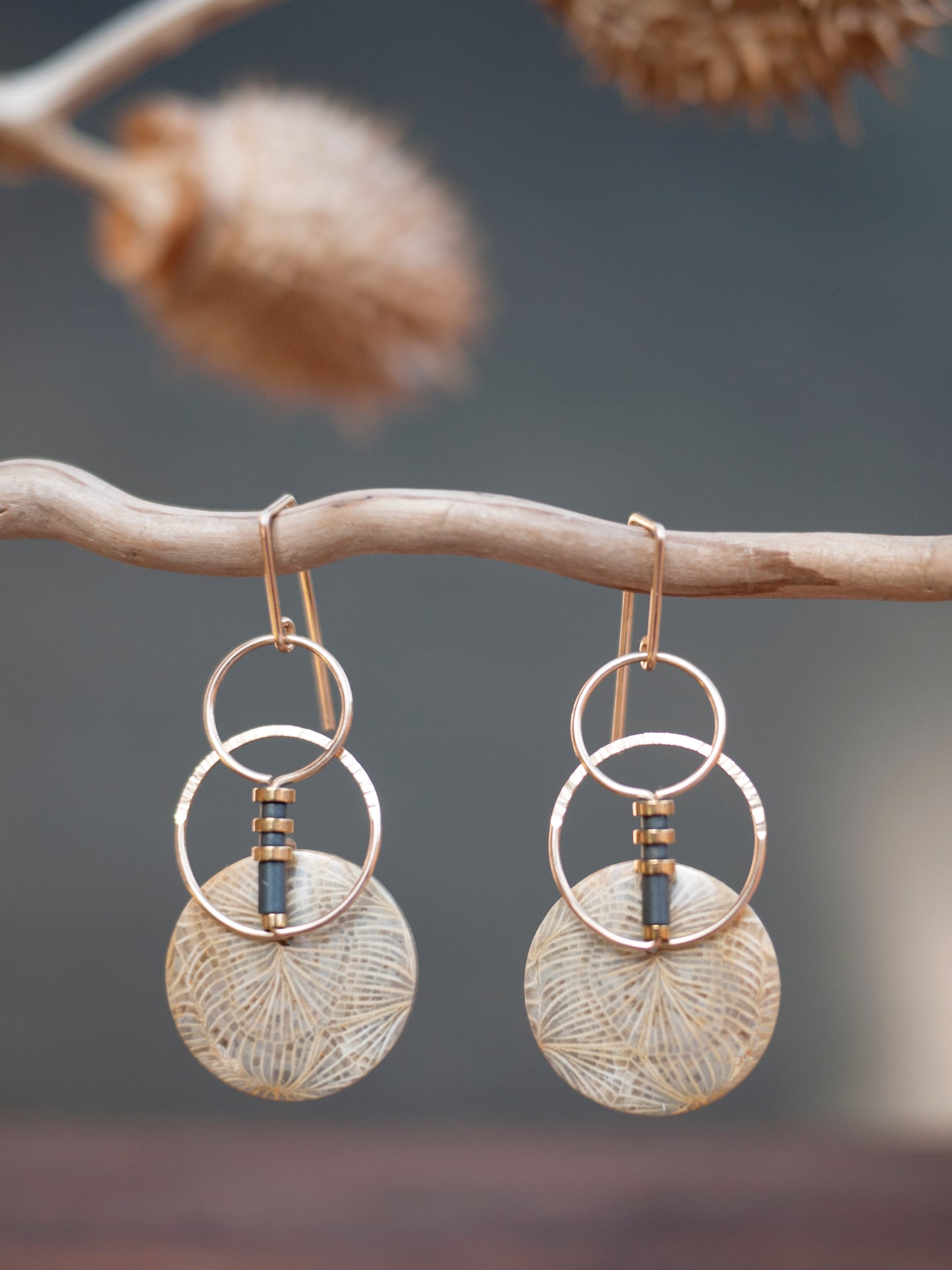 Fossil Coral Circle Motif Dangle Earrings