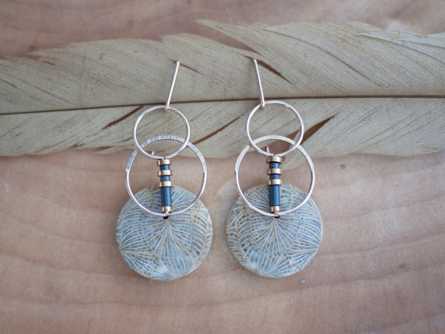 Fossil Coral Circle Motif Dangle Earrings