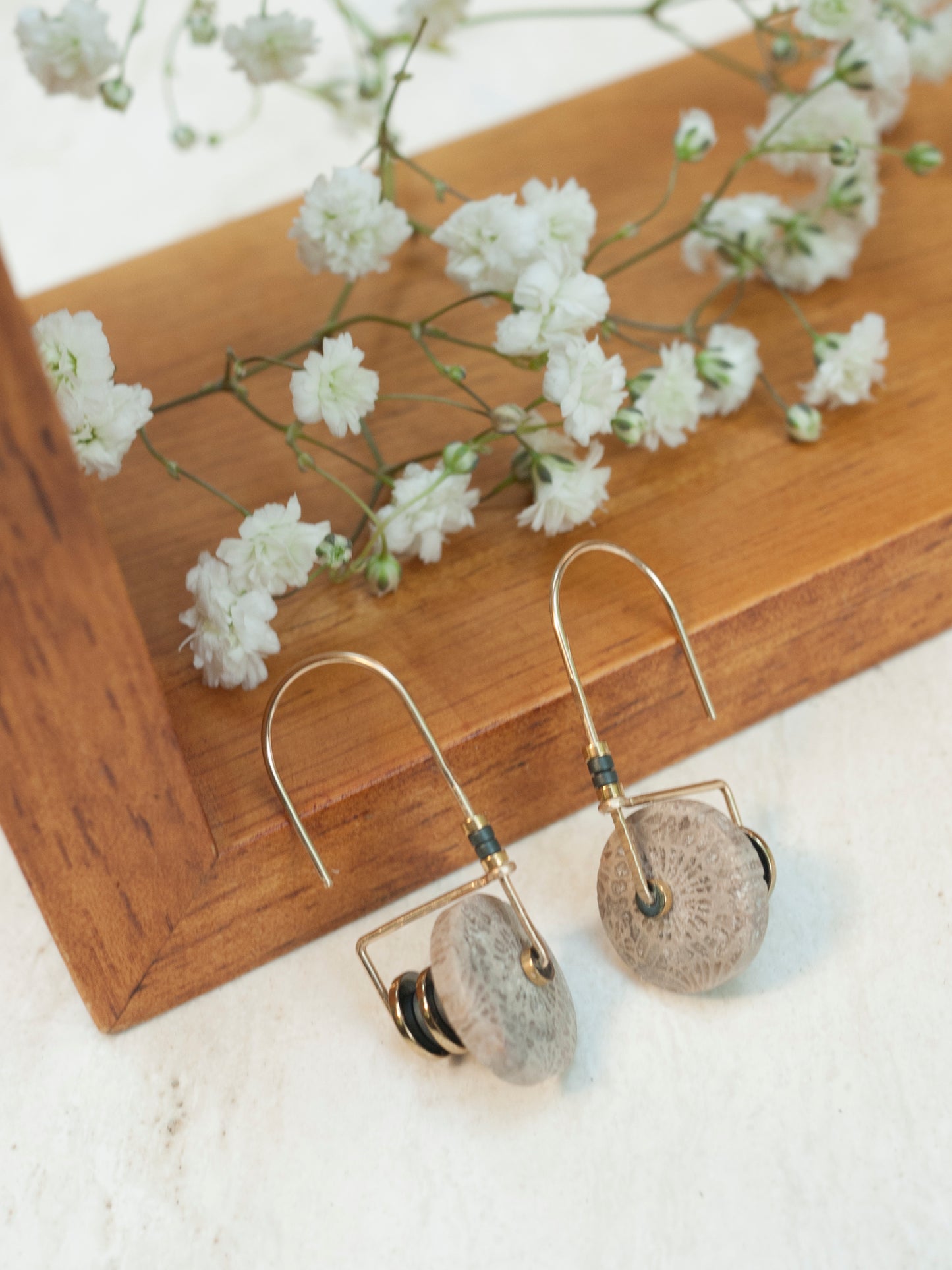 White Fossil Coral Circle Arch Earrings