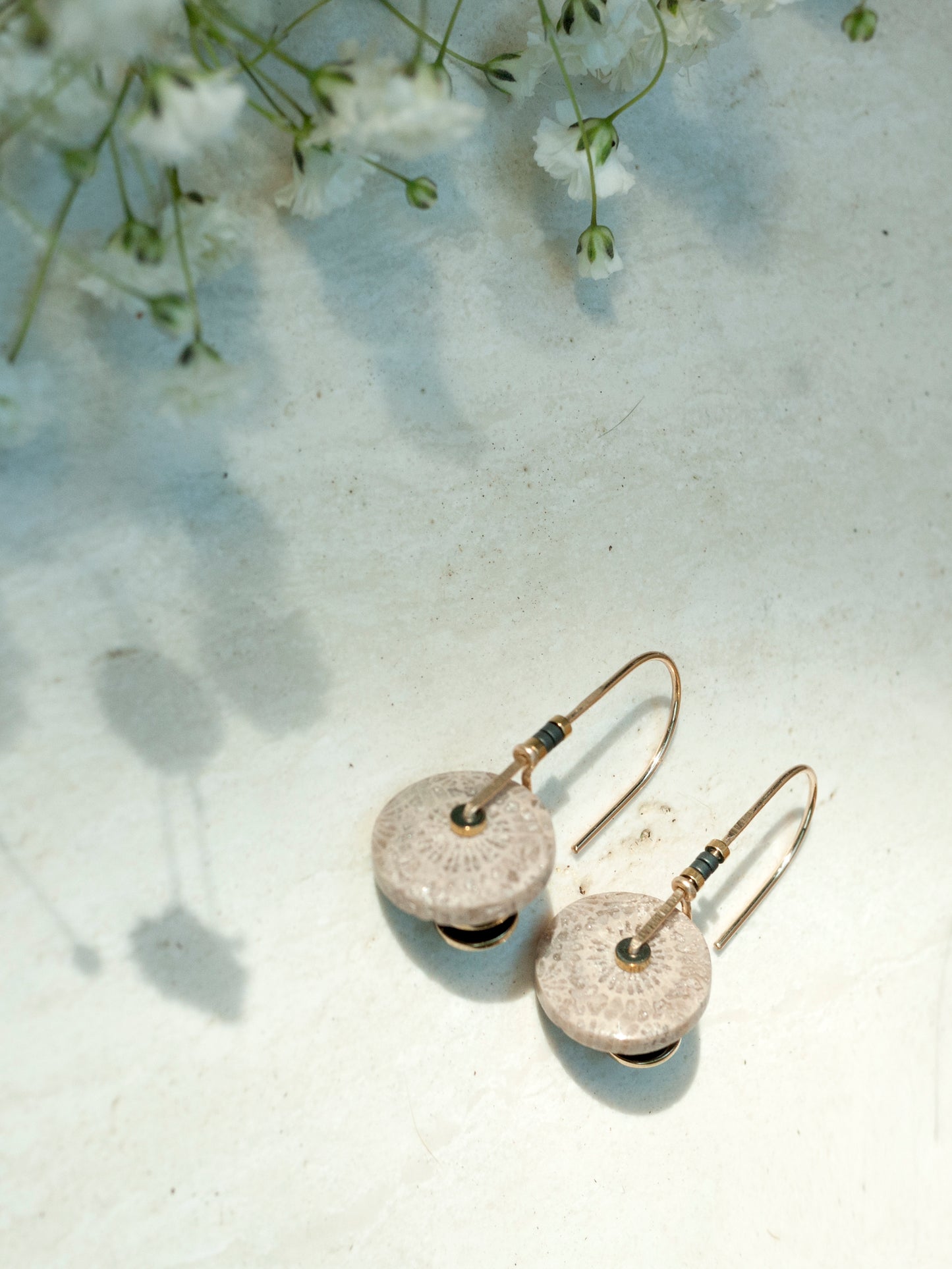 White Fossil Coral Circle Arch Earrings