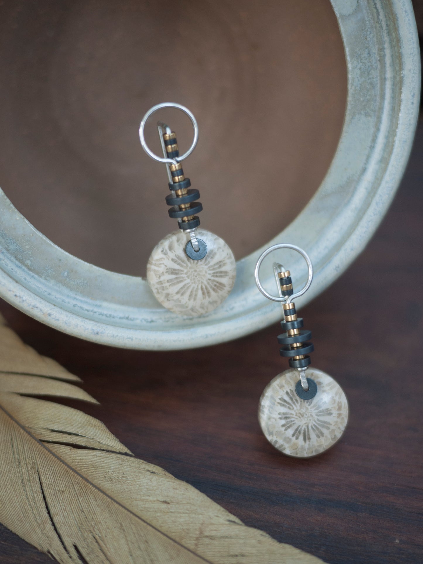 Circle Motif Fossil Coral Earrings