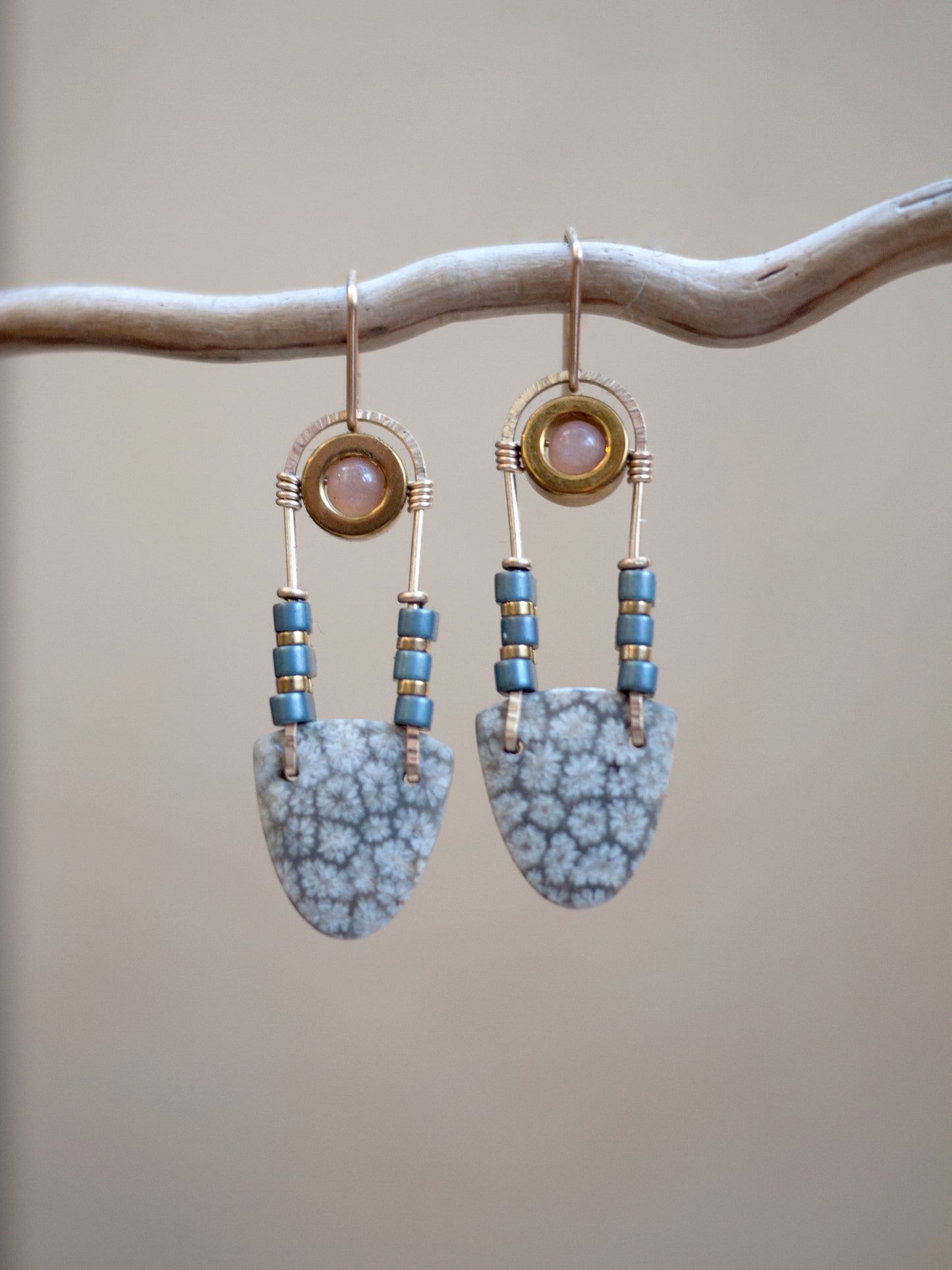 Fossil Coral and Sunstone Dangle Earrings