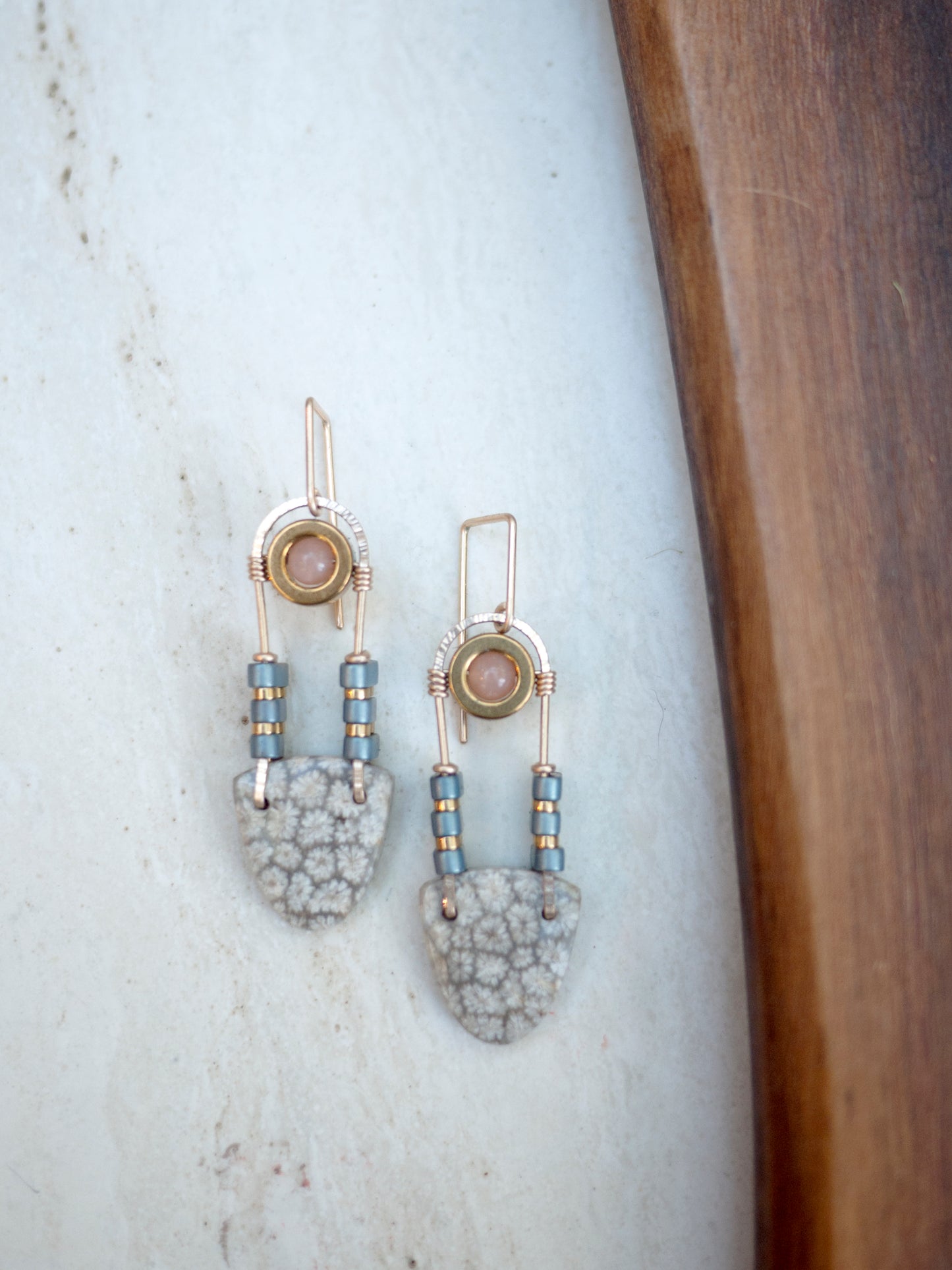 Fossil Coral and Sunstone Dangle Earrings