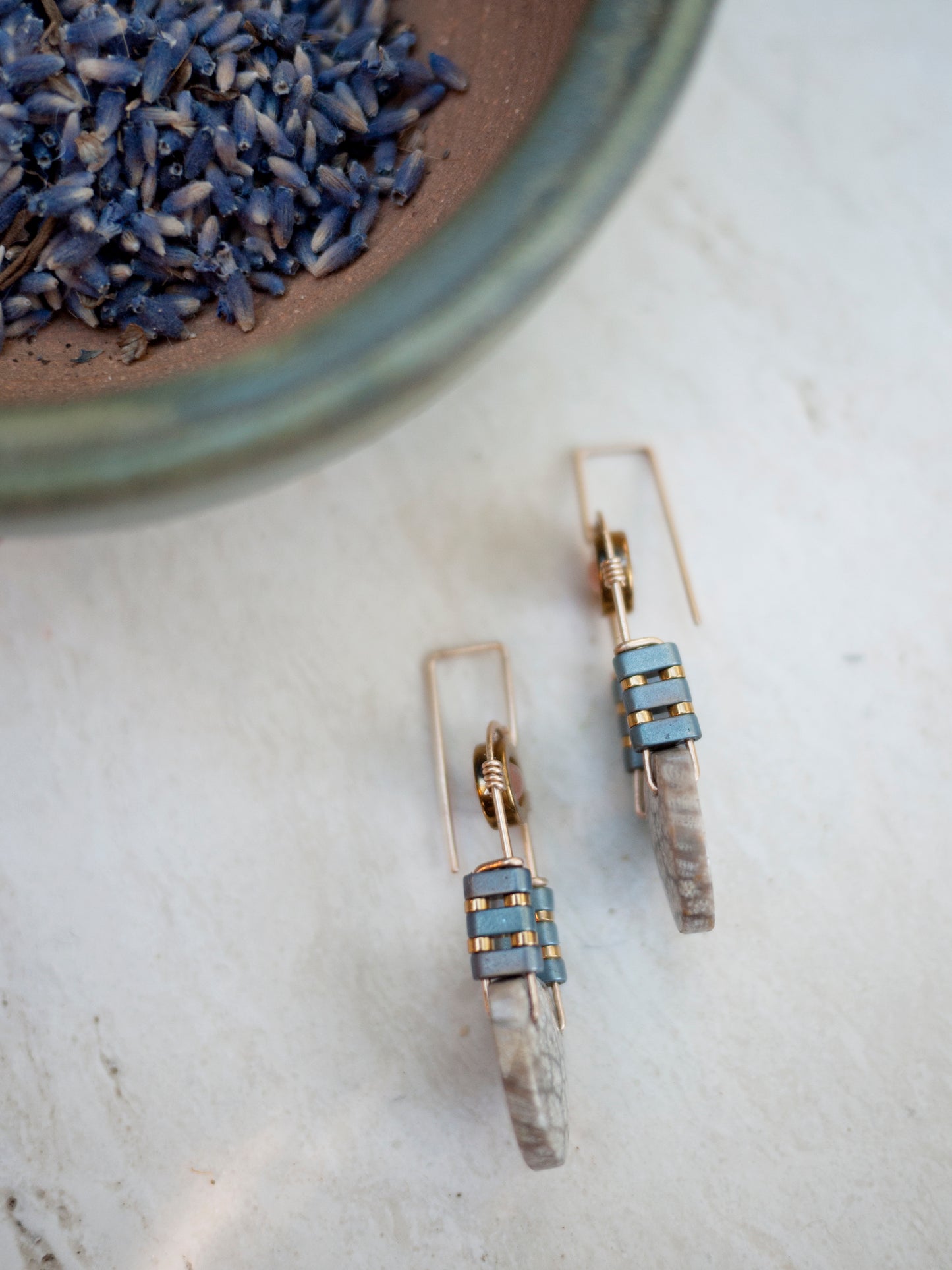 Fossil Coral and Sunstone Dangle Earrings