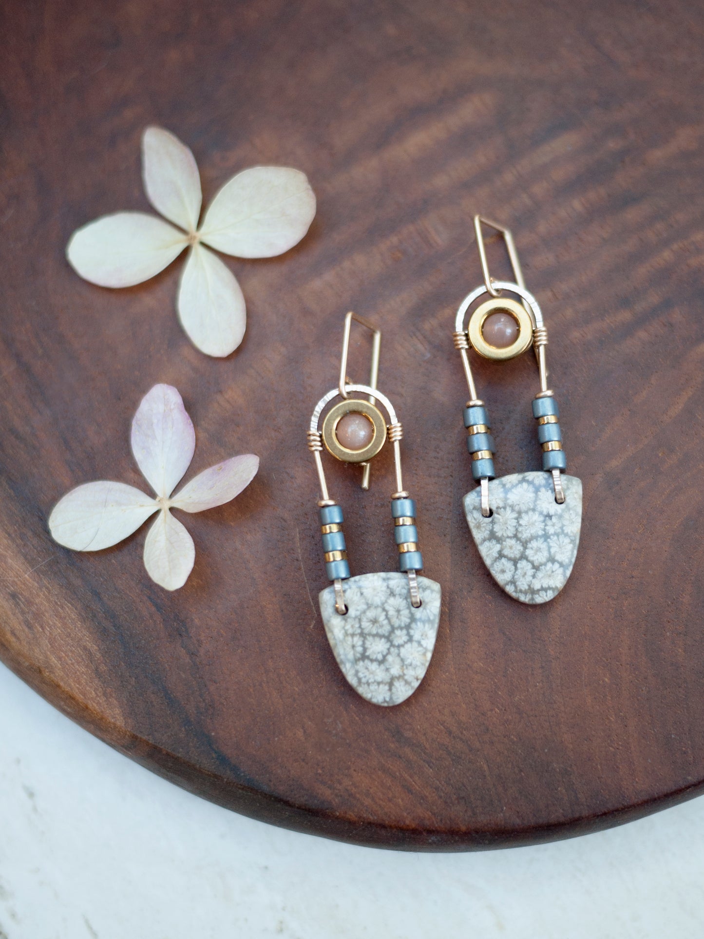 Fossil Coral and Sunstone Dangle Earrings