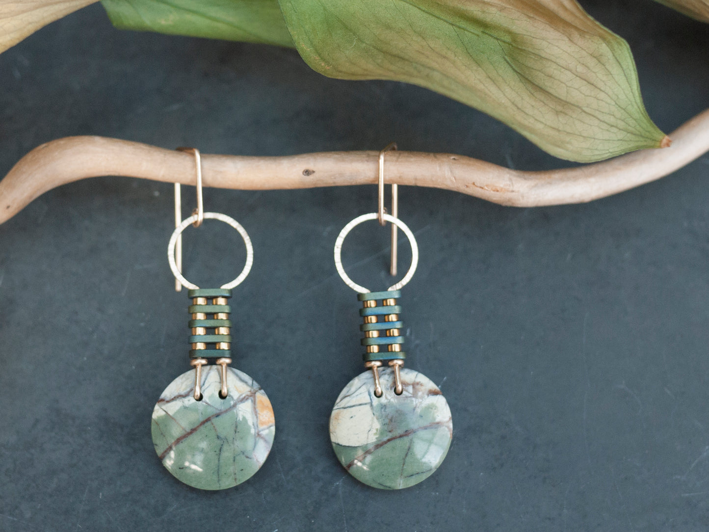 Green Forest Jasper Circle Earrings