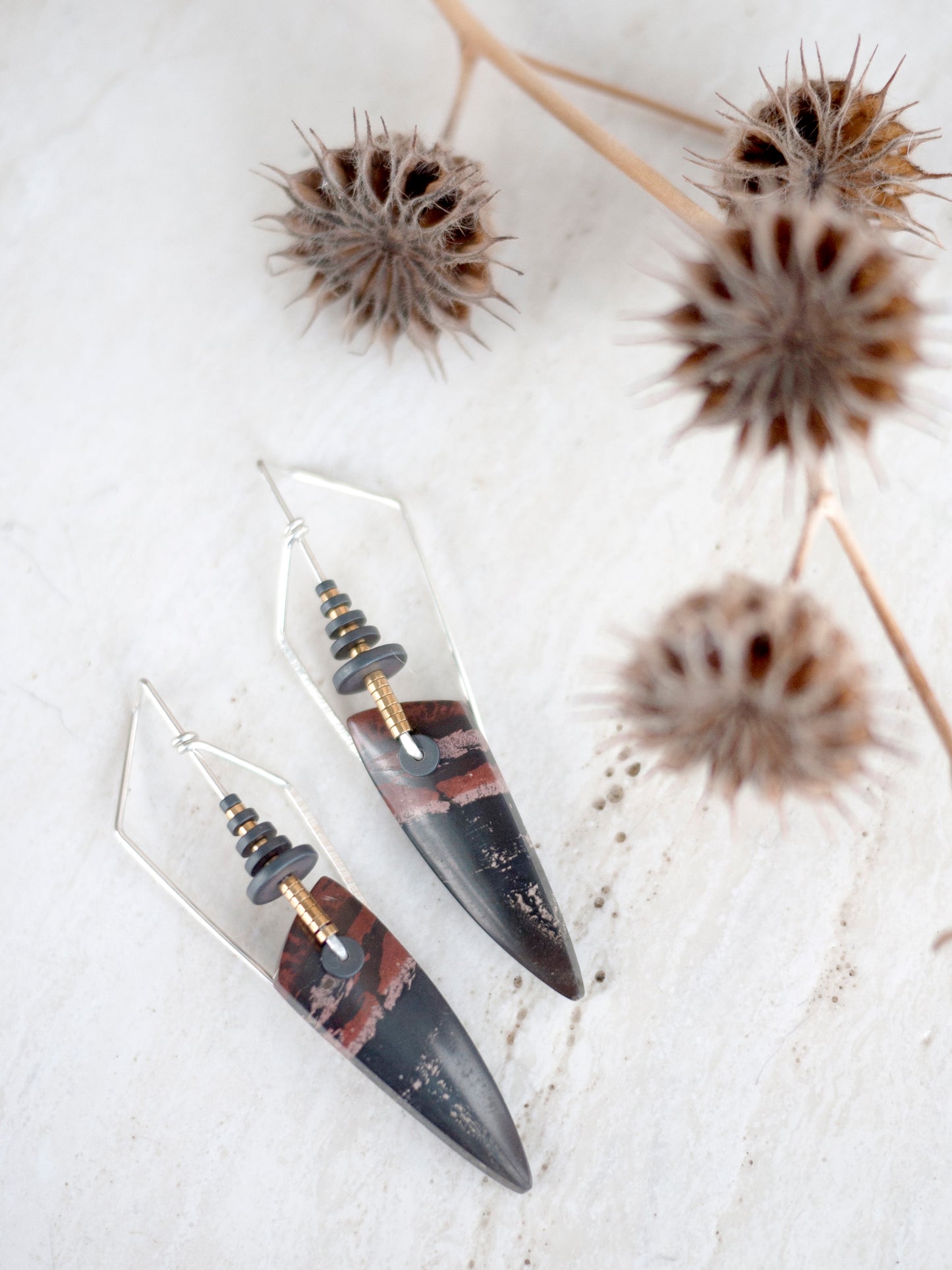 Dendrite Marble Spear Sculptural Angle Earrings