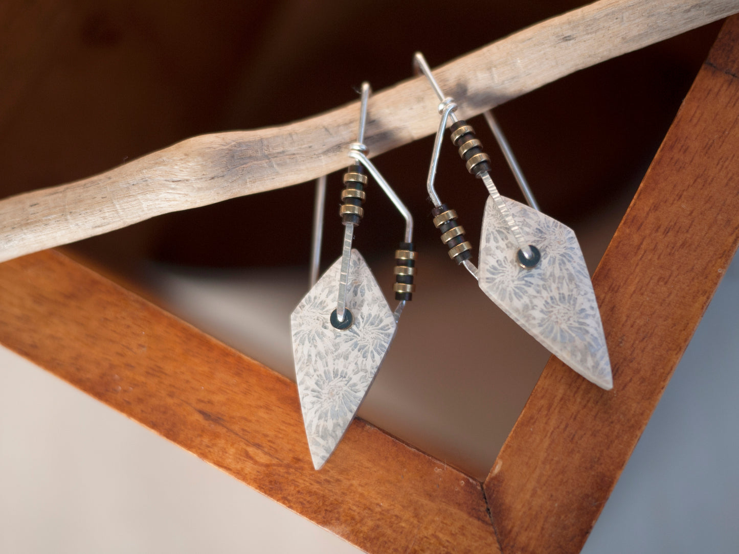 Geometric Diamond Fossil Coral Drop Earrings