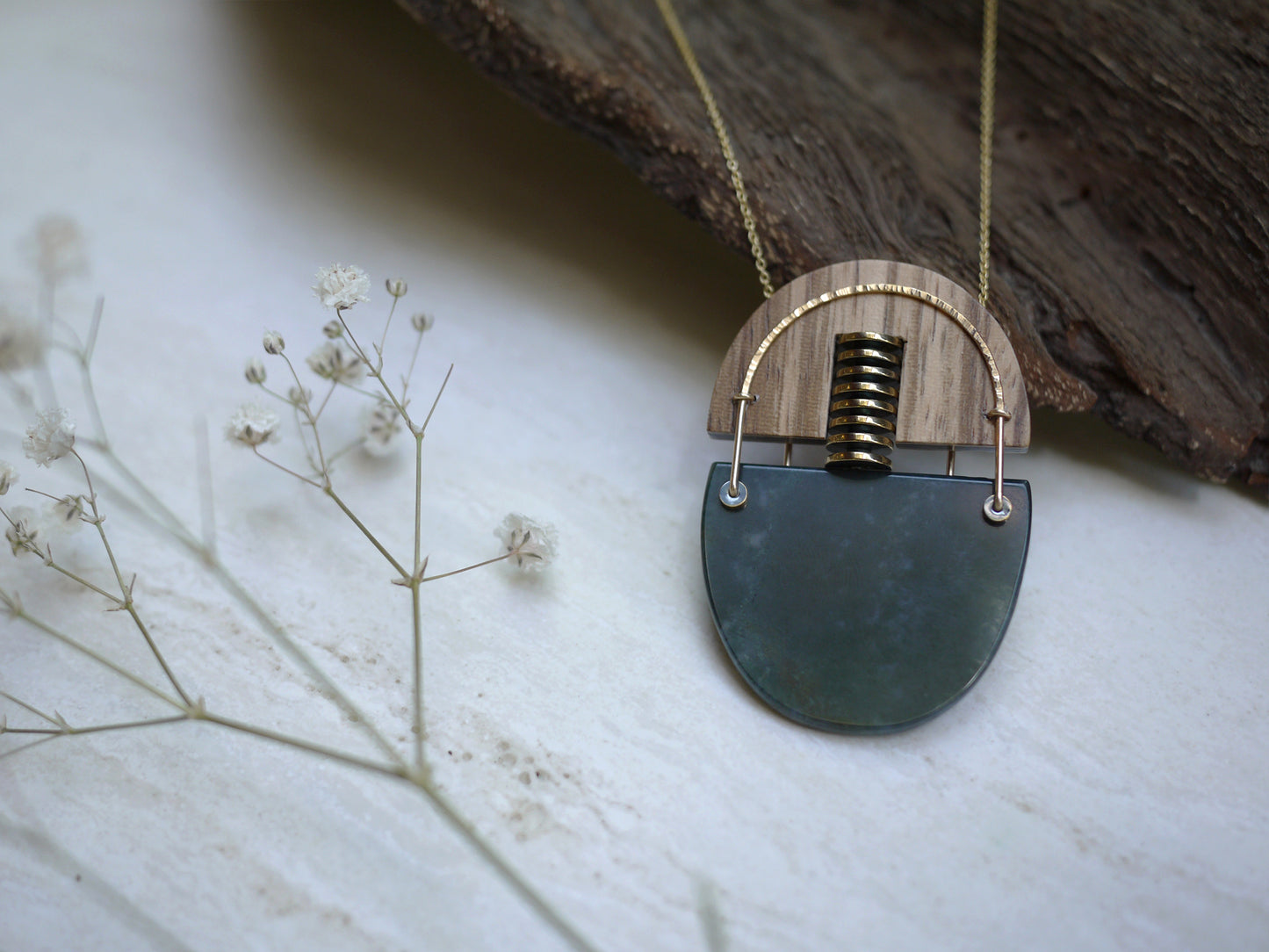 Wood and Moss Agate Statement Necklace