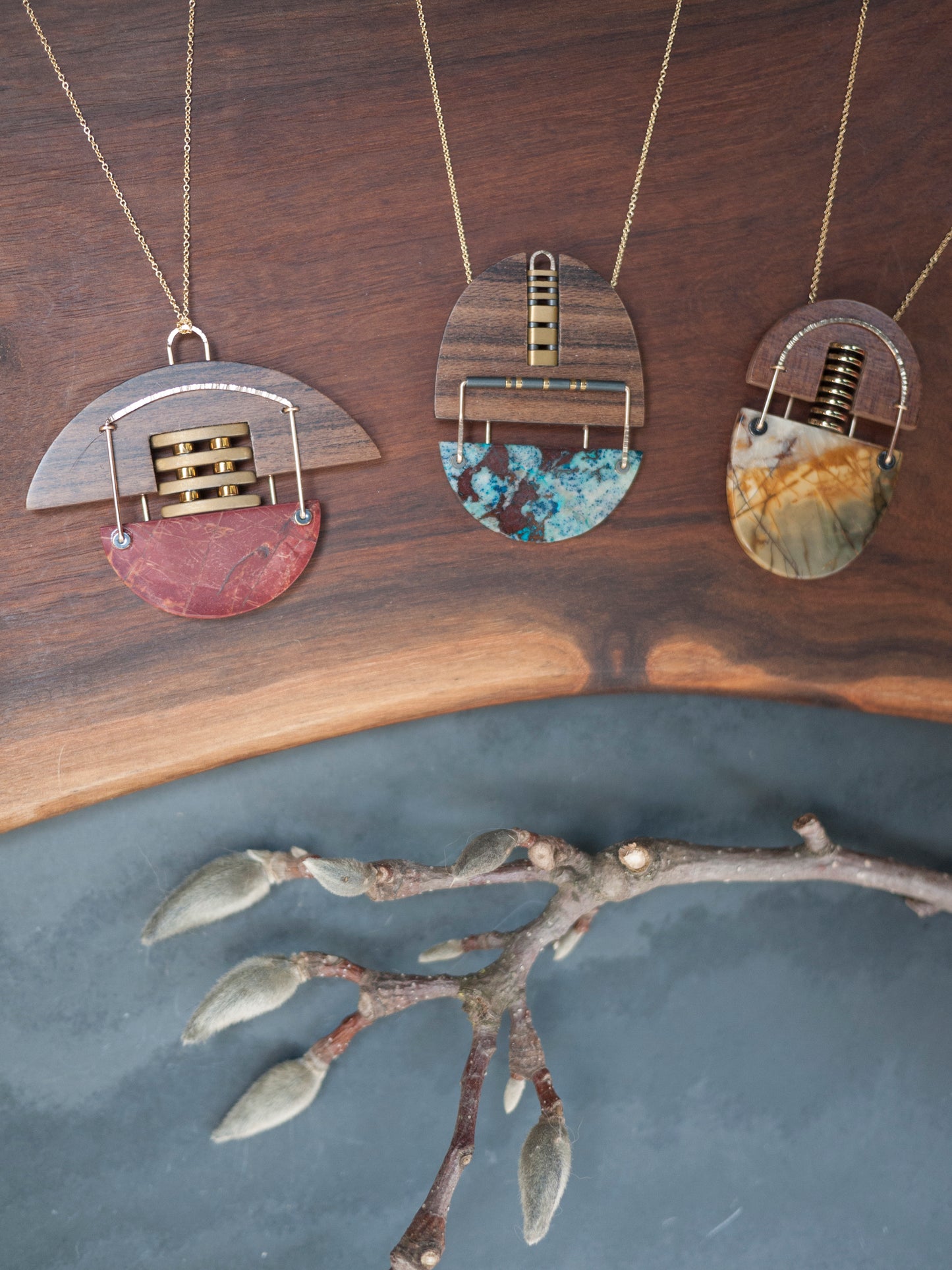 Deco Inspired Red Jasper and Wood Necklace