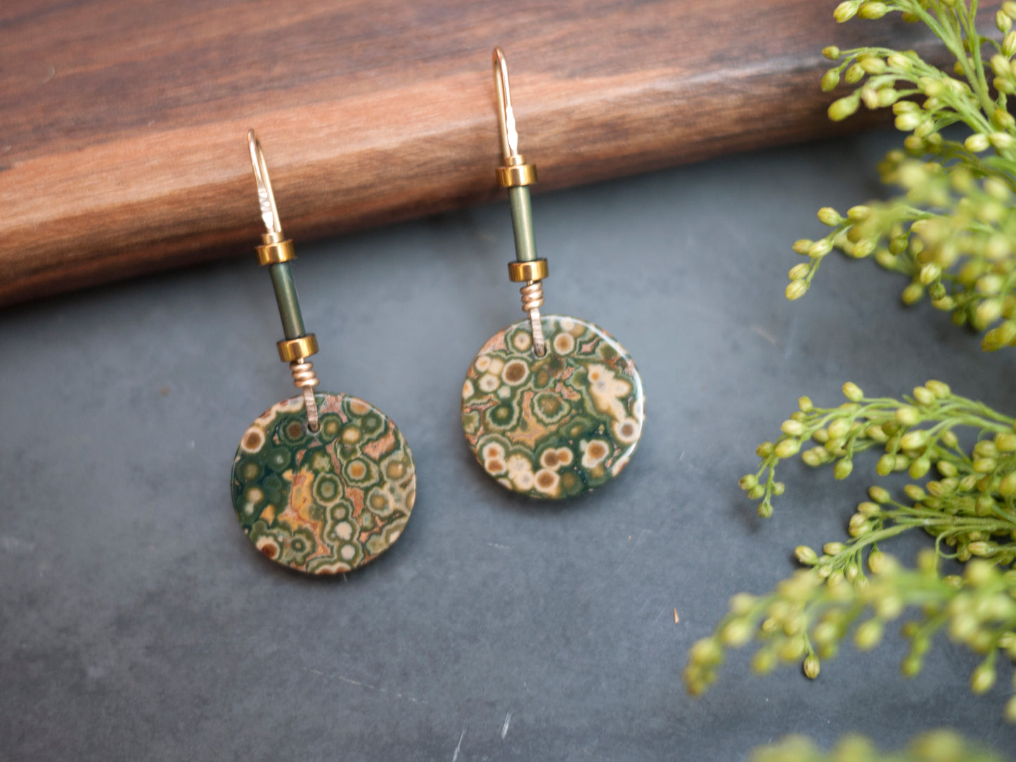 Green Ocean Jasper Circle Earrings