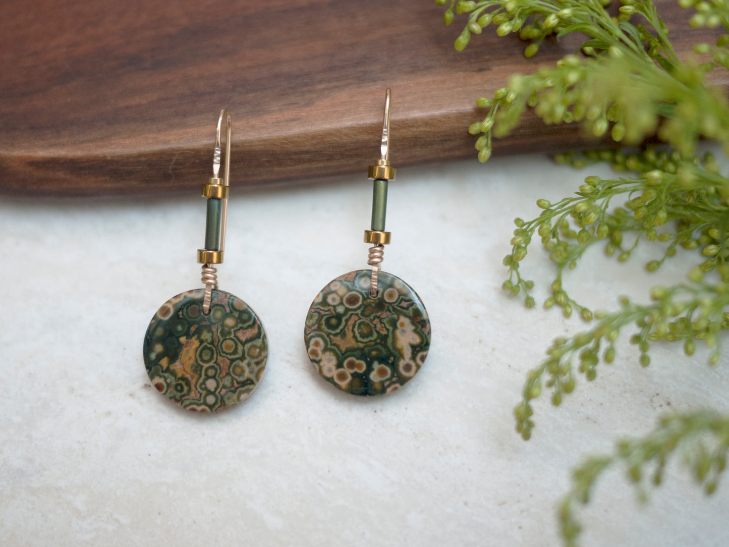 Green Ocean Jasper Circle Earrings
