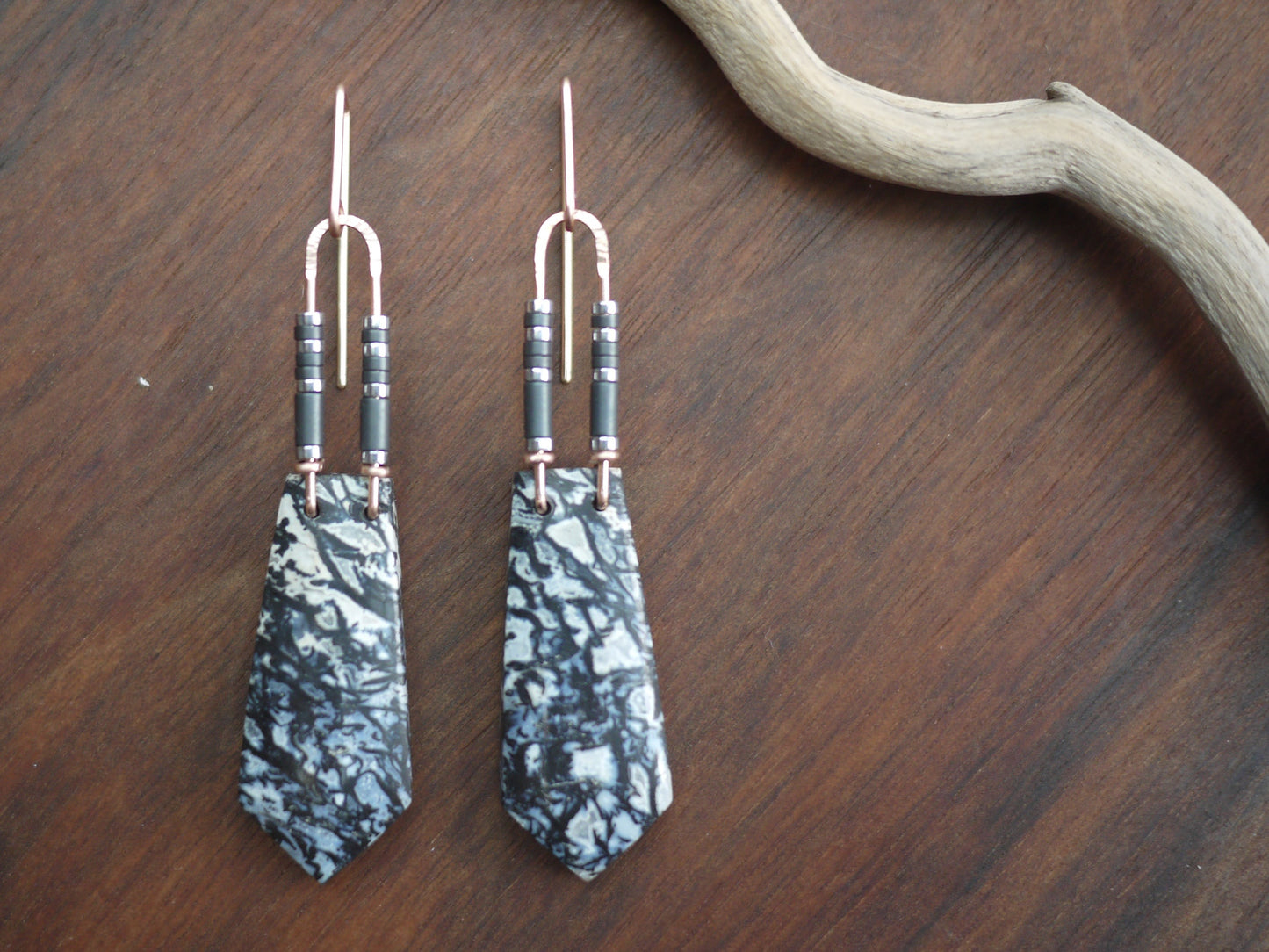 Petrified Black/Blue Palmwood Dangle Earrings