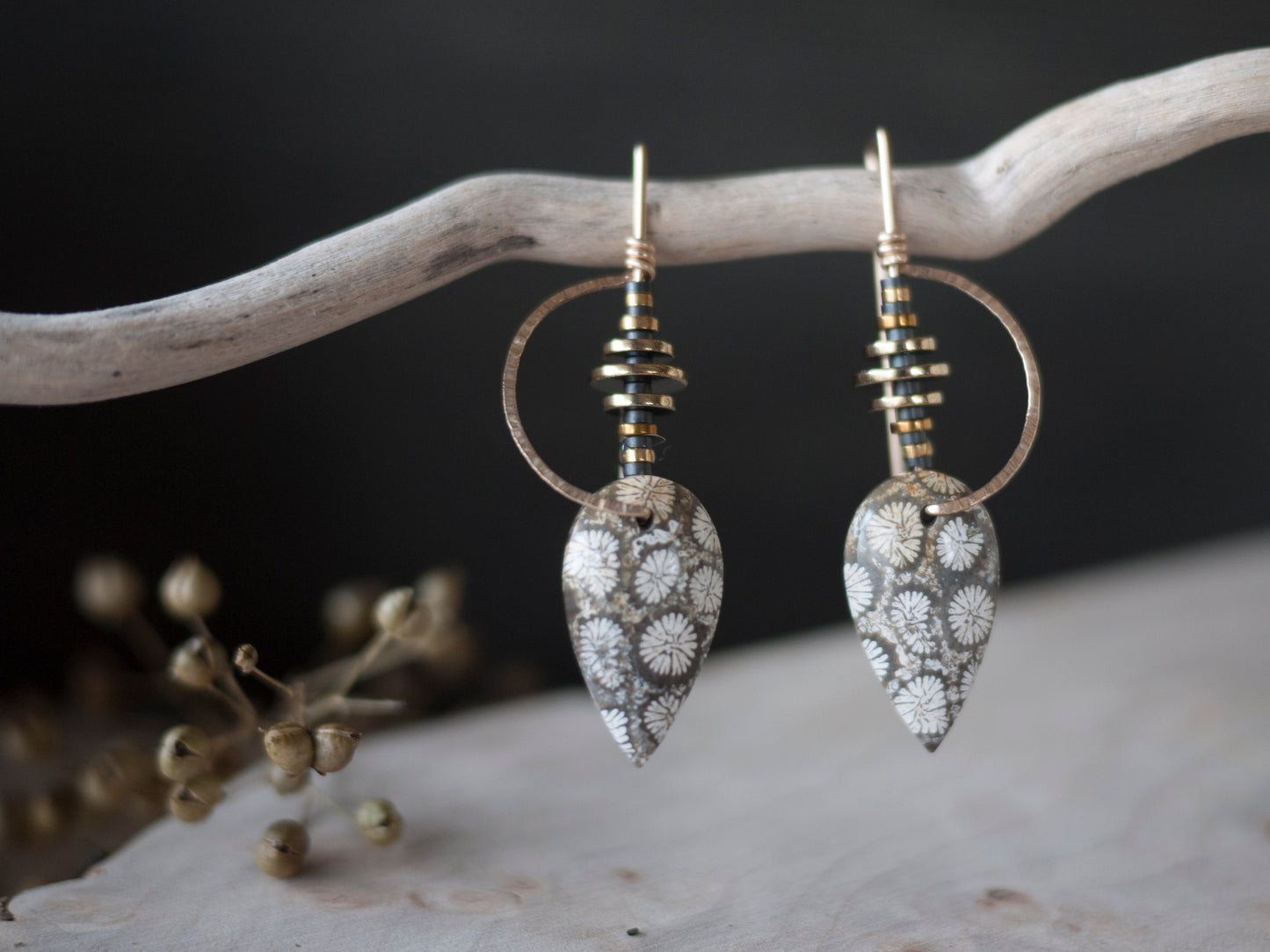 Fossil Coral Half Moon Threader Earrings