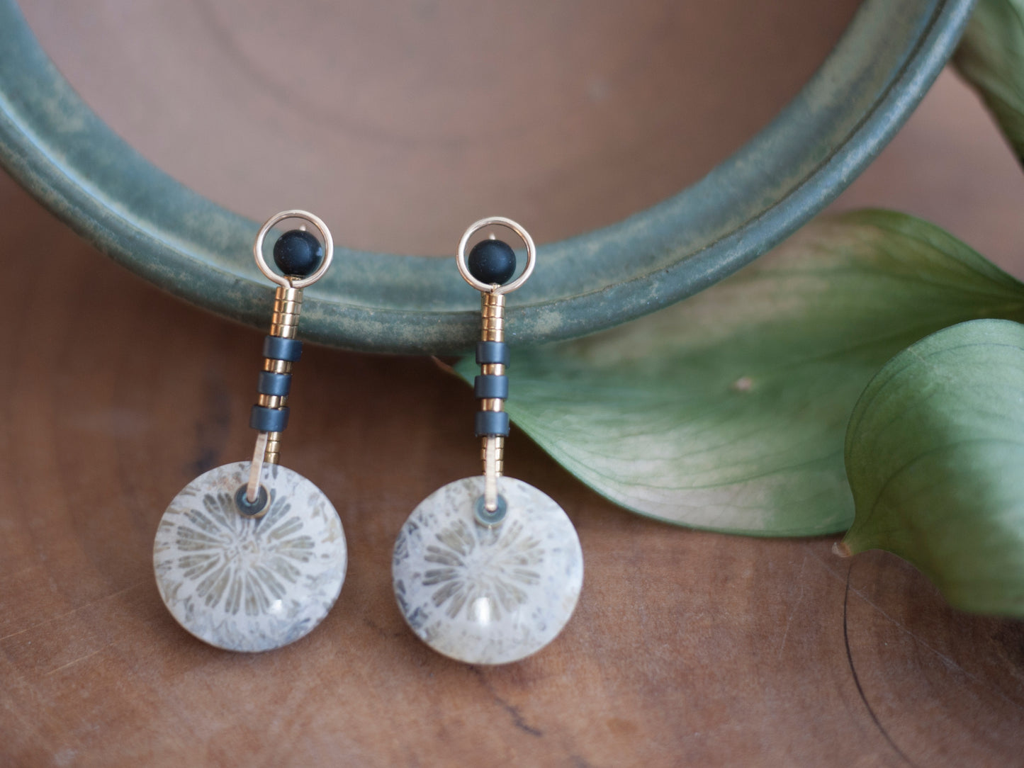 Circle Motif Fossil Coral Post Earrings