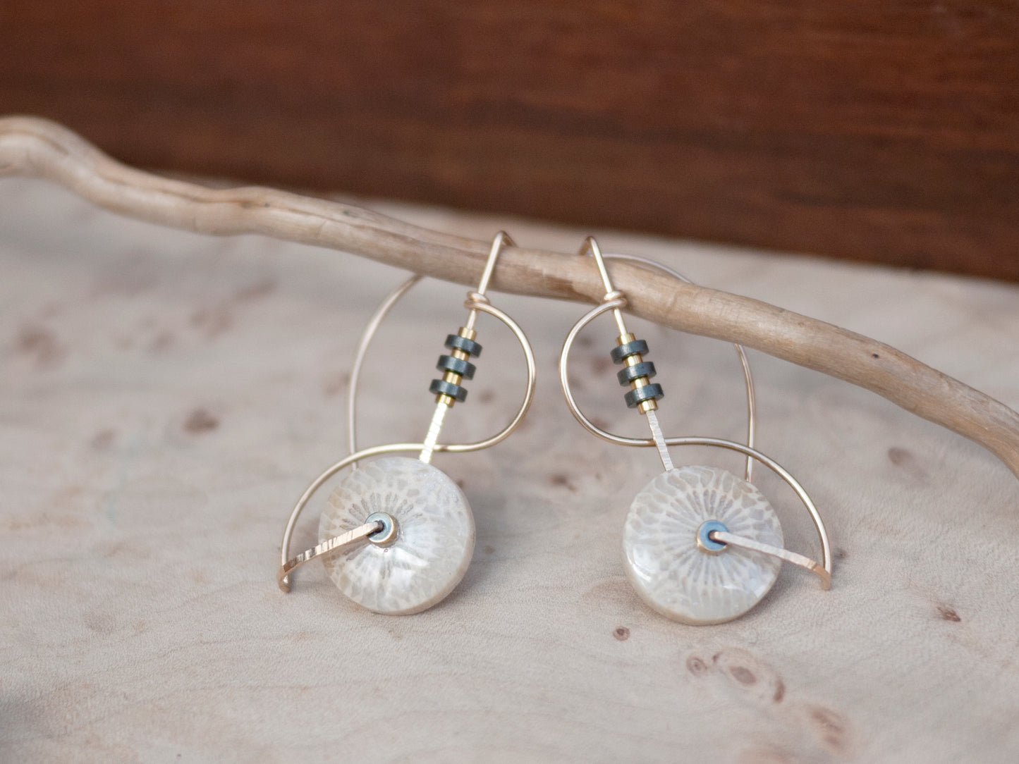 Circle Fossil Coral S Curve Earrings