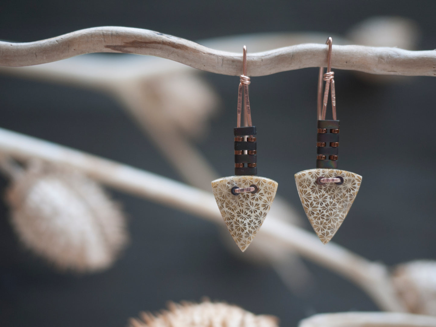 Dainty Triangle Fossil Coral Drop Earrings