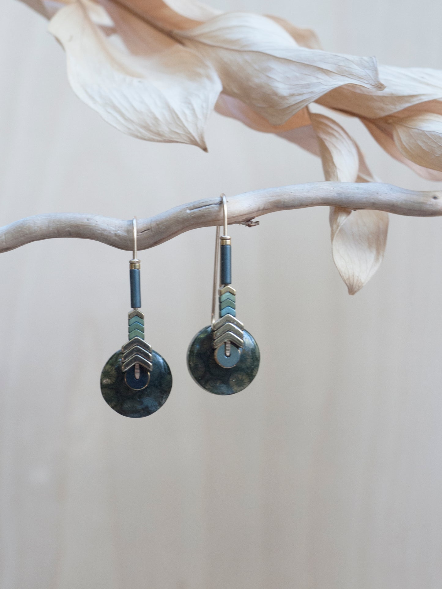Green Fossilized Coral Chevron Drop Earrings