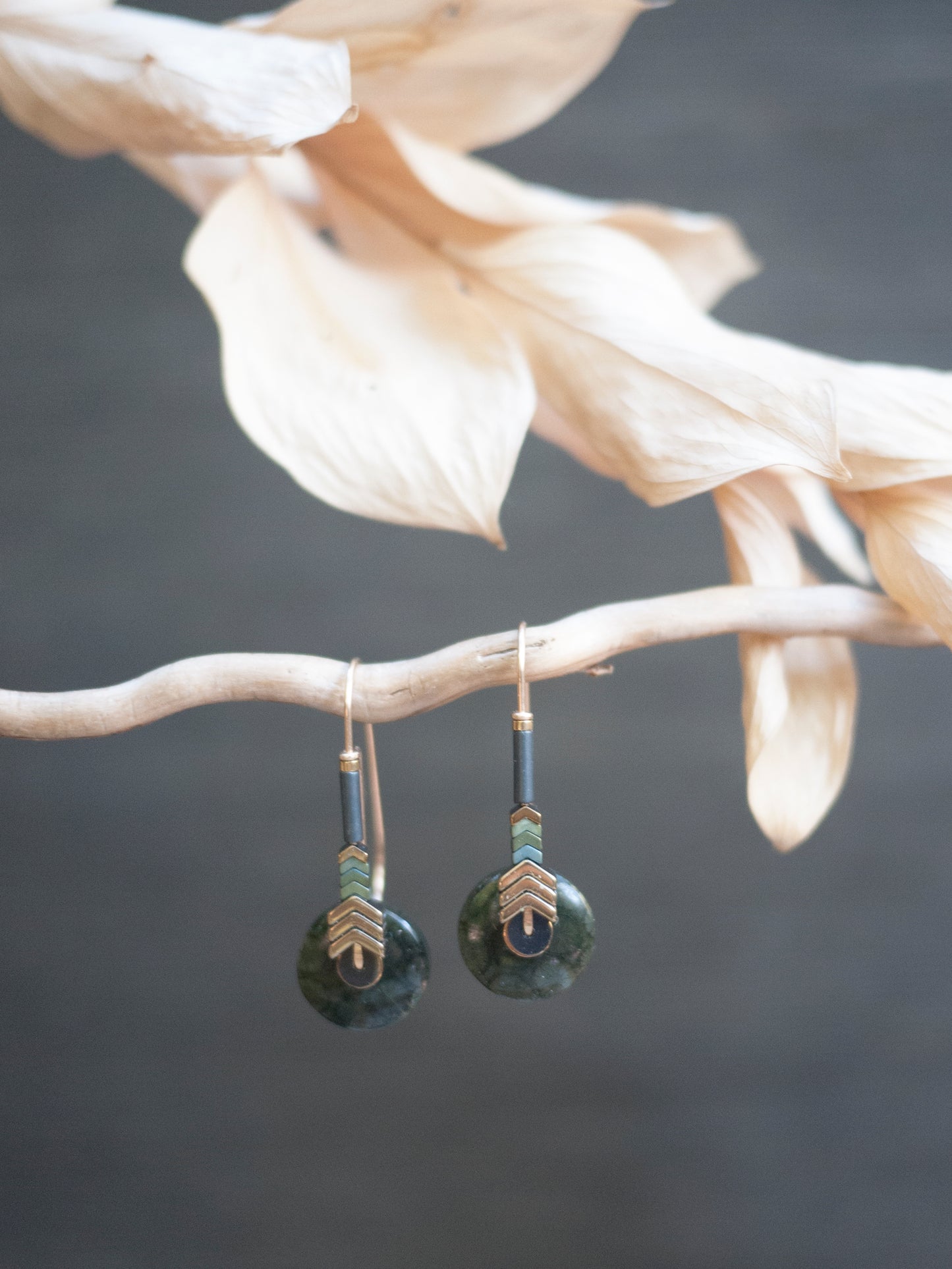 Green Fossilized Coral Chevron Drop Earrings