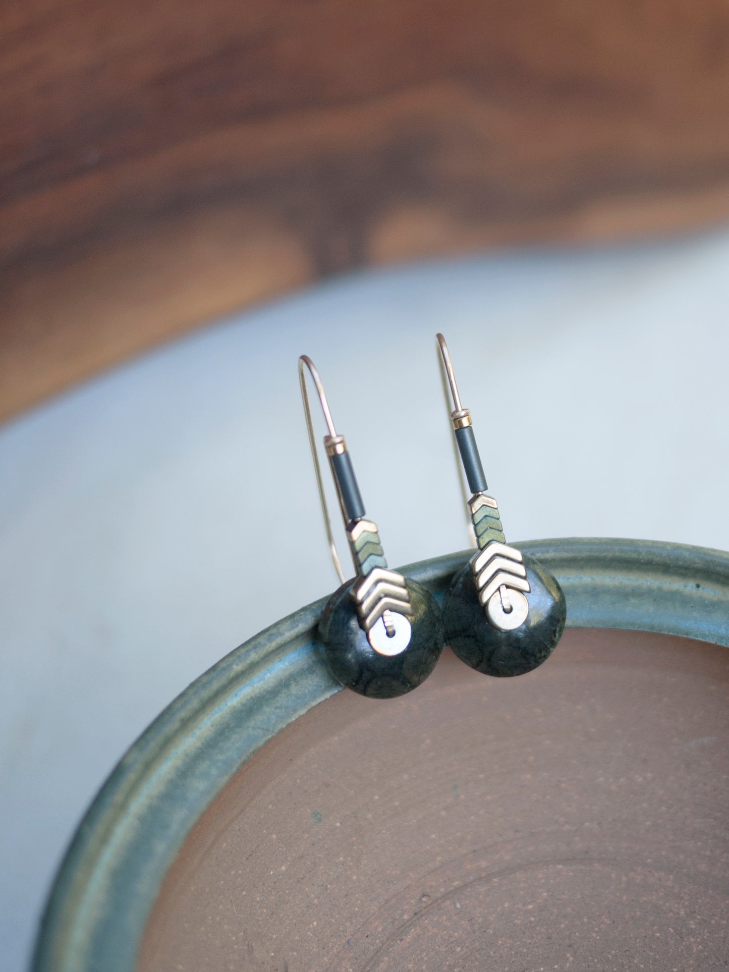 Green Fossilized Coral Chevron Drop Earrings