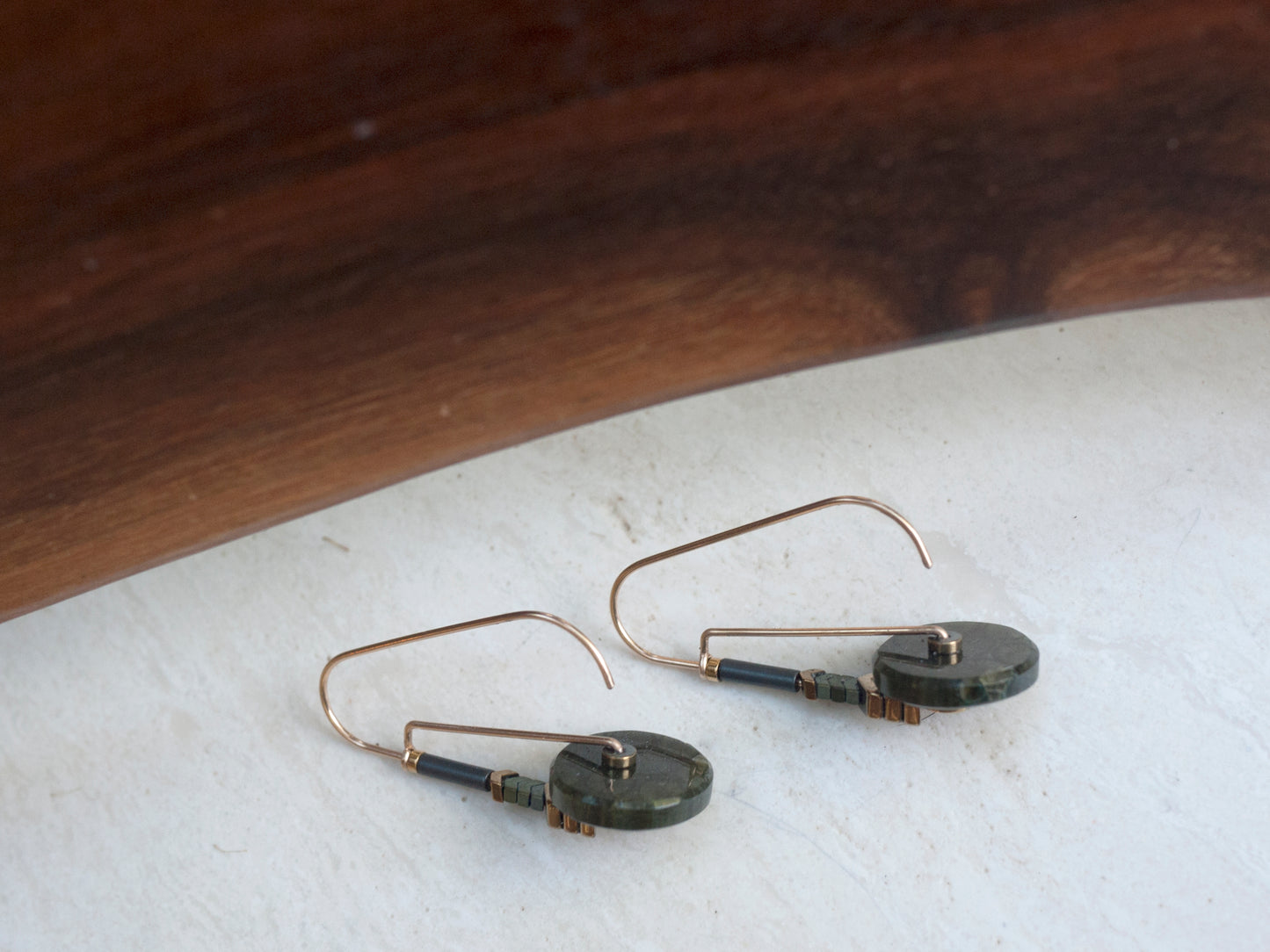 Green Fossilized Coral Chevron Drop Earrings