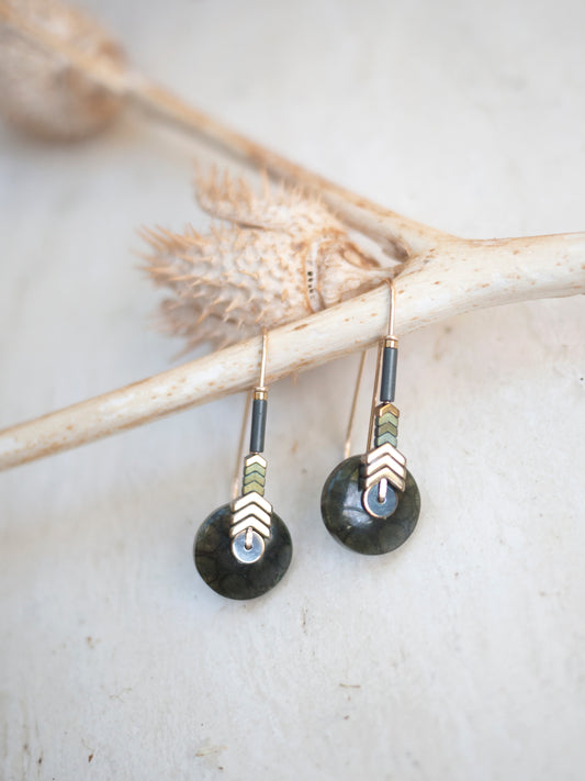 Green Fossilized Coral Chevron Drop Earrings