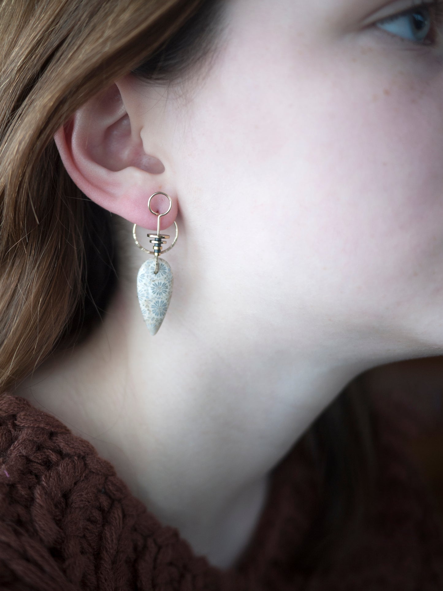 Inverted Teardrop Fossil Coral Ear Jacket - In Gold Fill