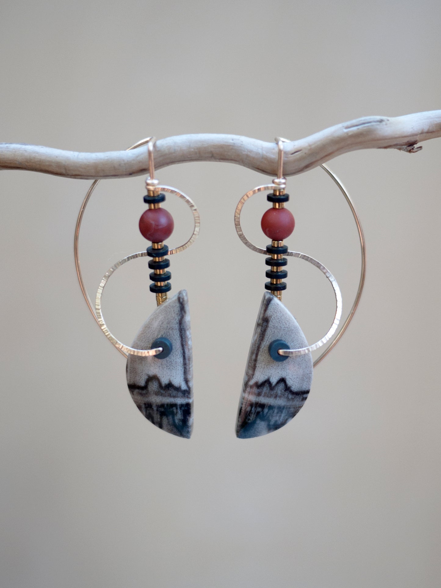 Petrified Wood Sculptural Spiral Drop Earrings