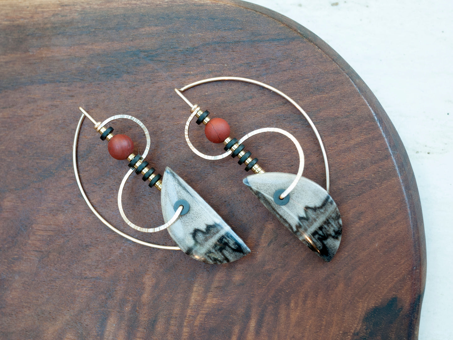 Petrified Wood Sculptural Spiral Drop Earrings