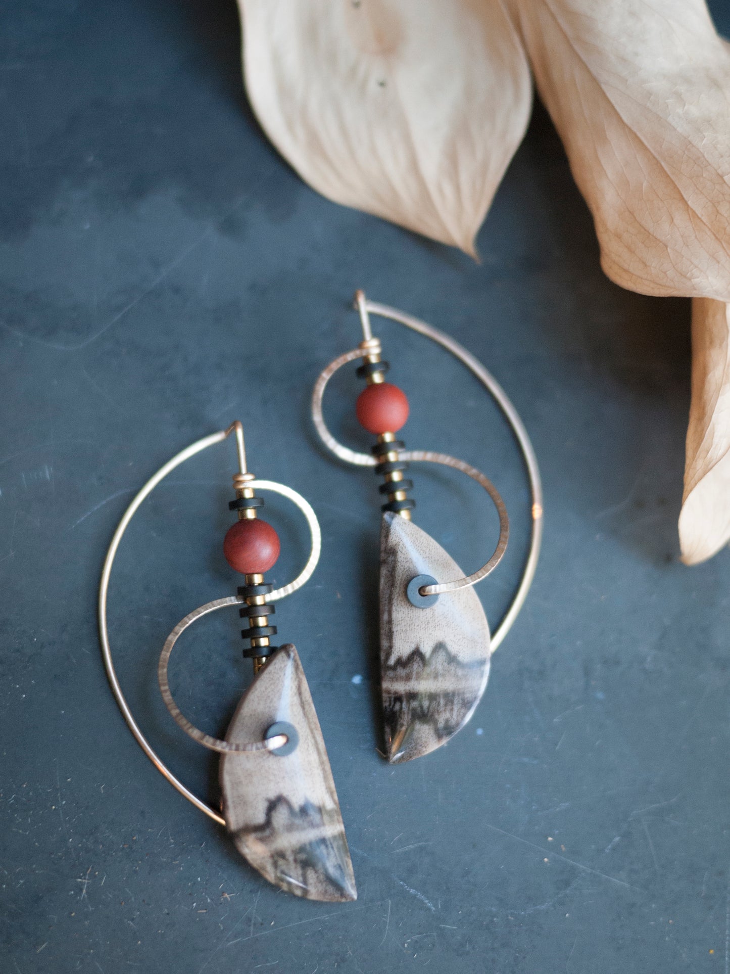 Petrified Wood Sculptural Spiral Drop Earrings