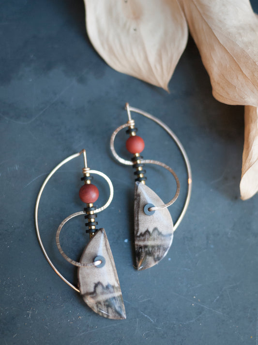 Petrified Wood Sculptural Spiral Drop Earrings