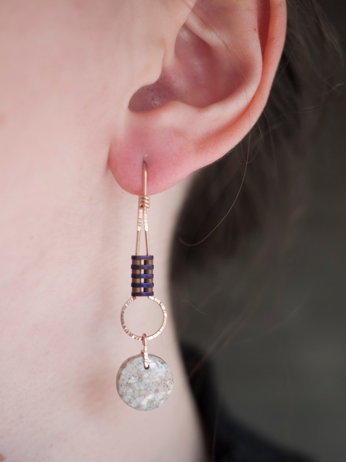 Dainty Circle Fossil Coral Drop Earrings