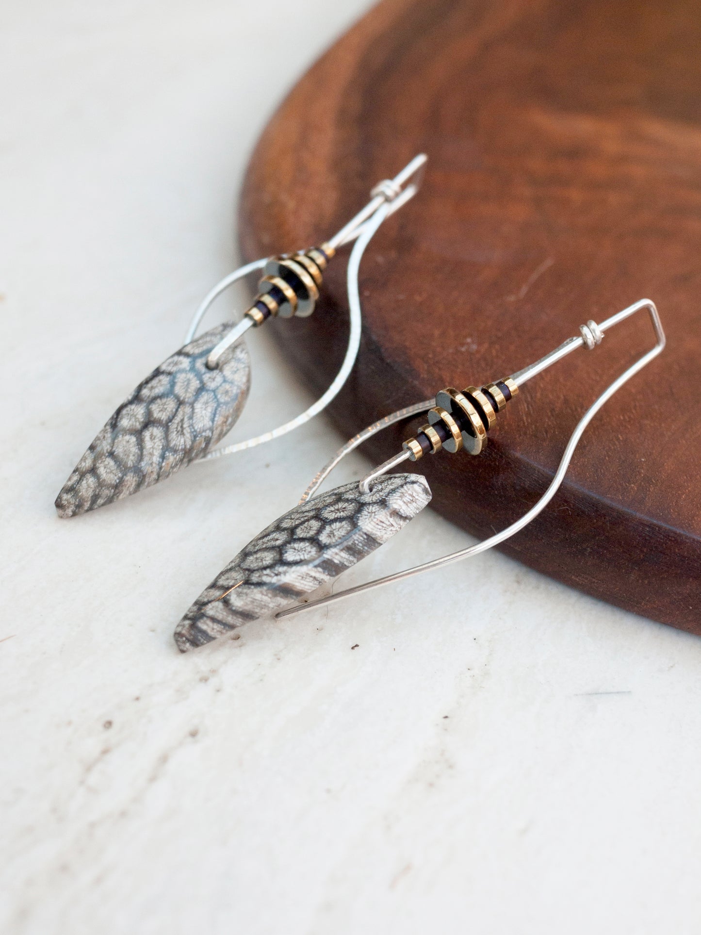 Sculptural Leaf Shaped Grey Fossil Coral Earrings