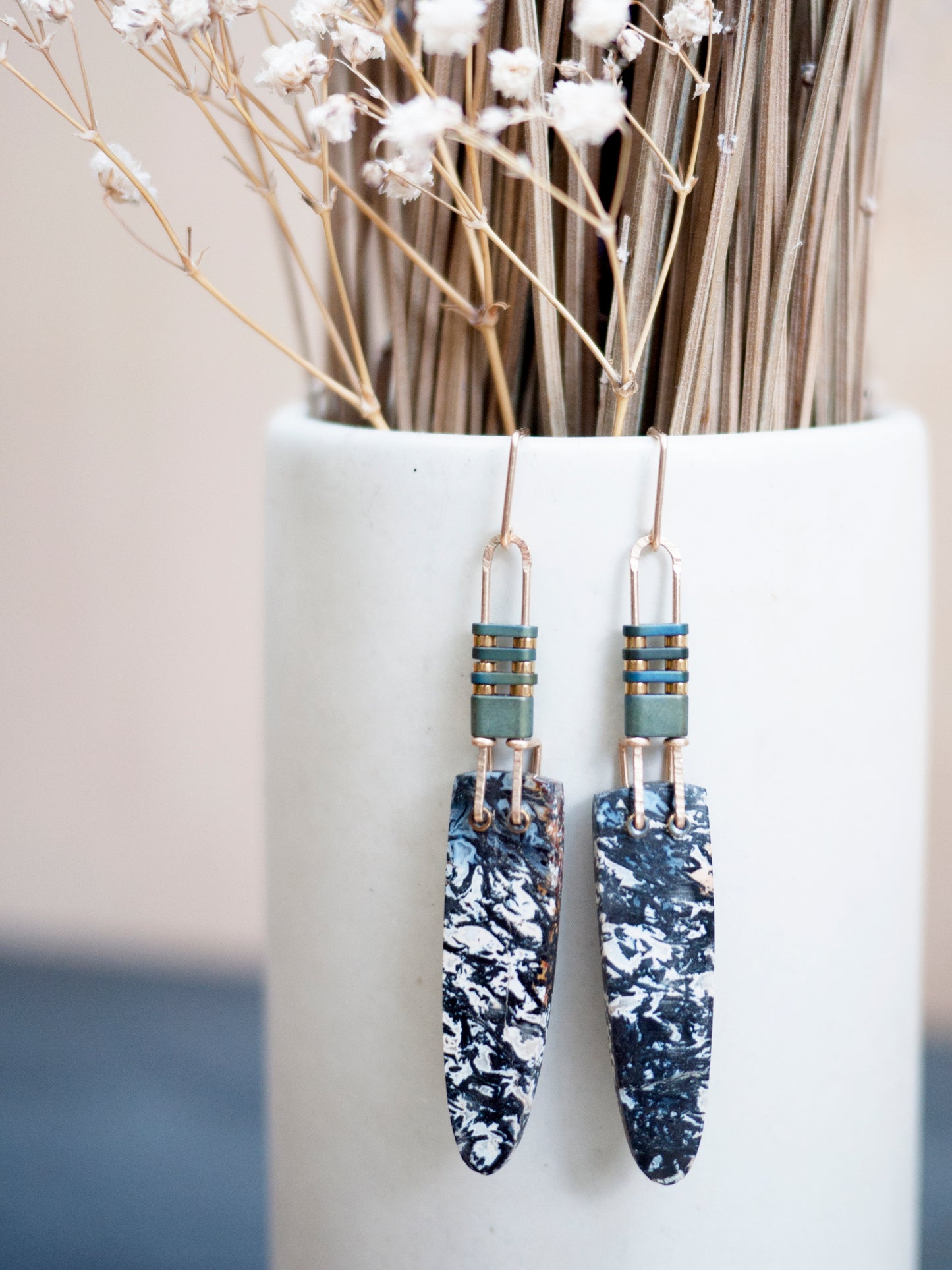Long Petrified Palm Wood Dangle Earrings