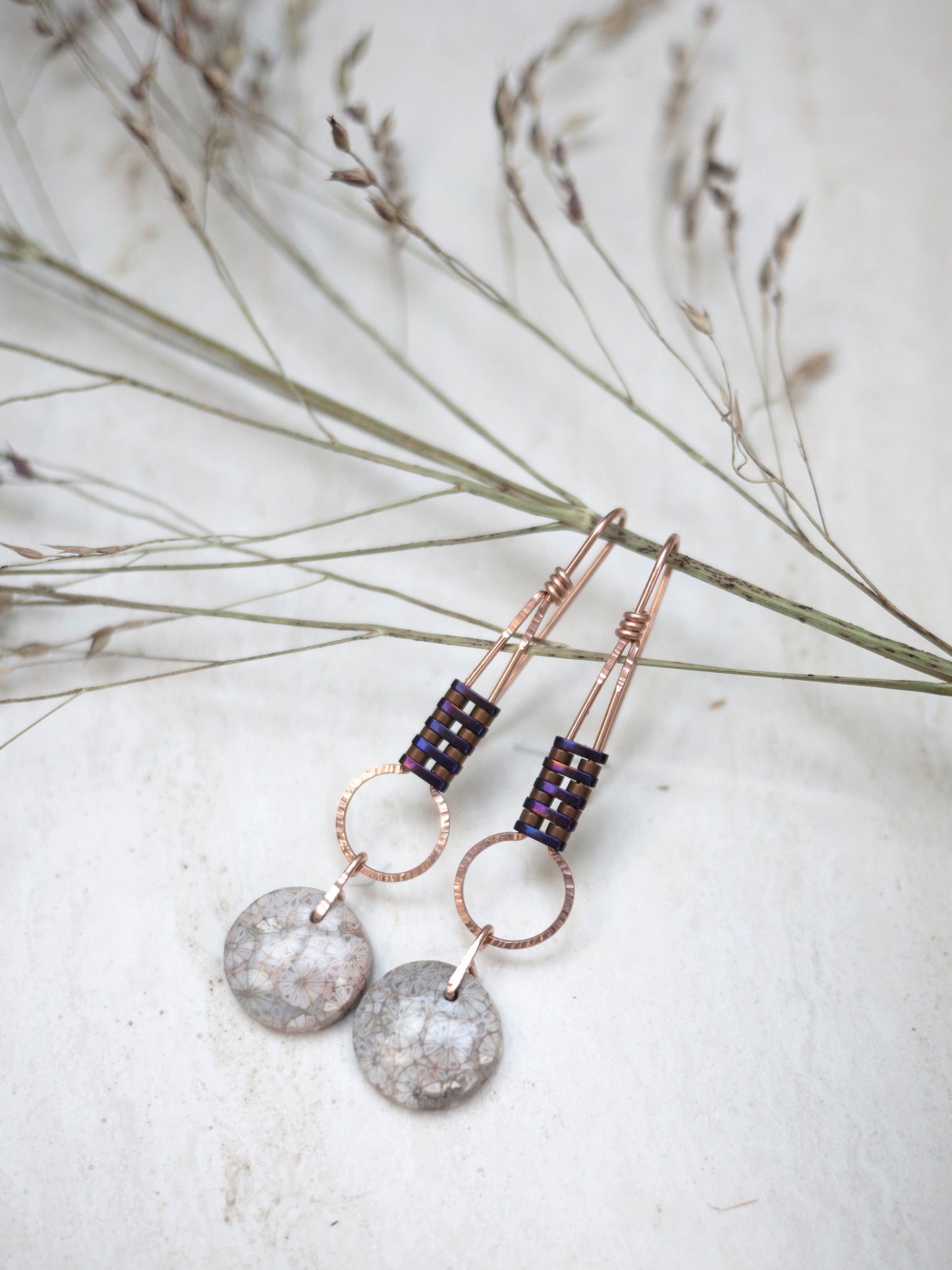 Dainty Circle Fossil Coral Drop Earrings