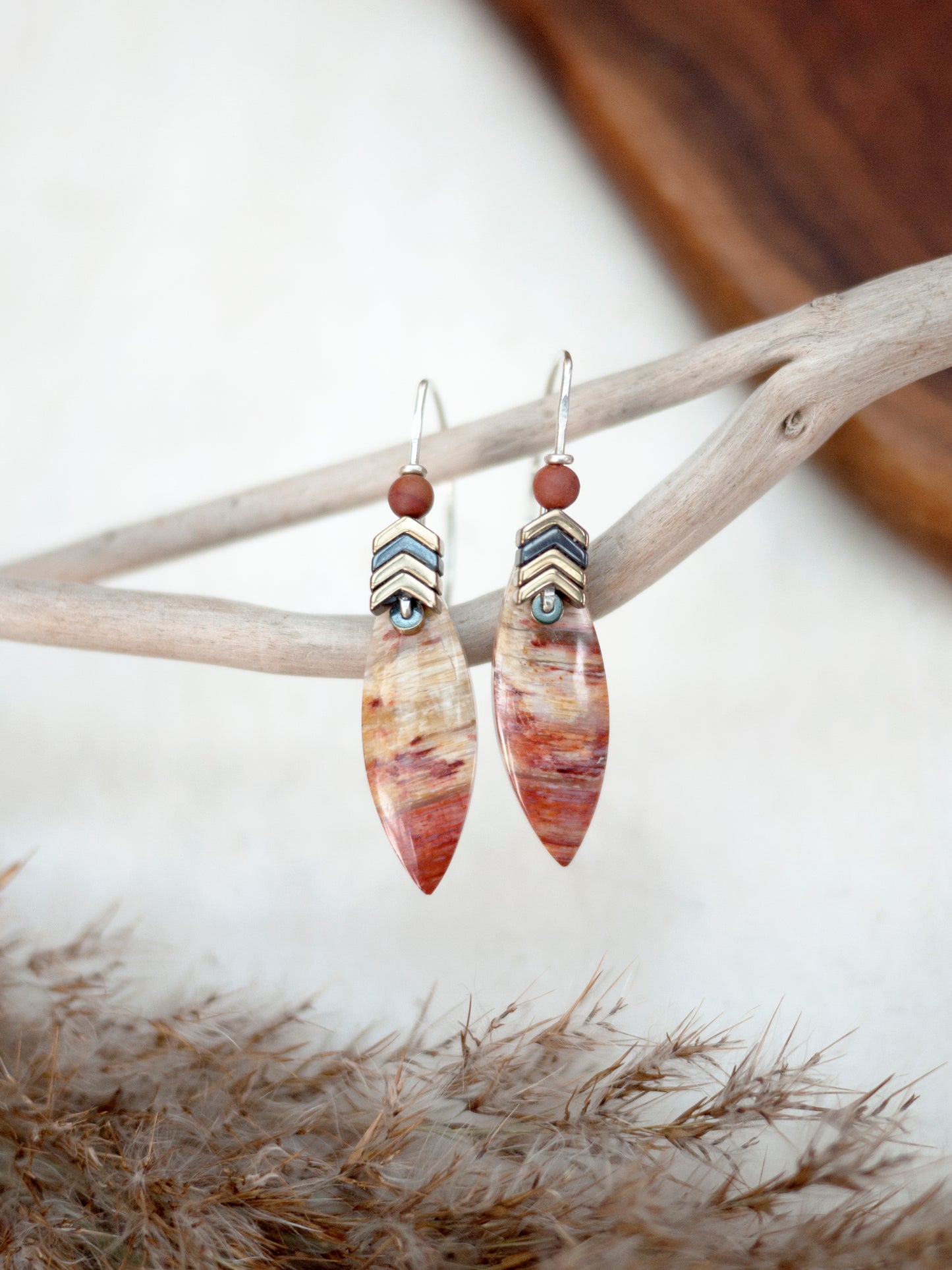 Marquise Shaped Petrified Wood Sculptural Earrings
