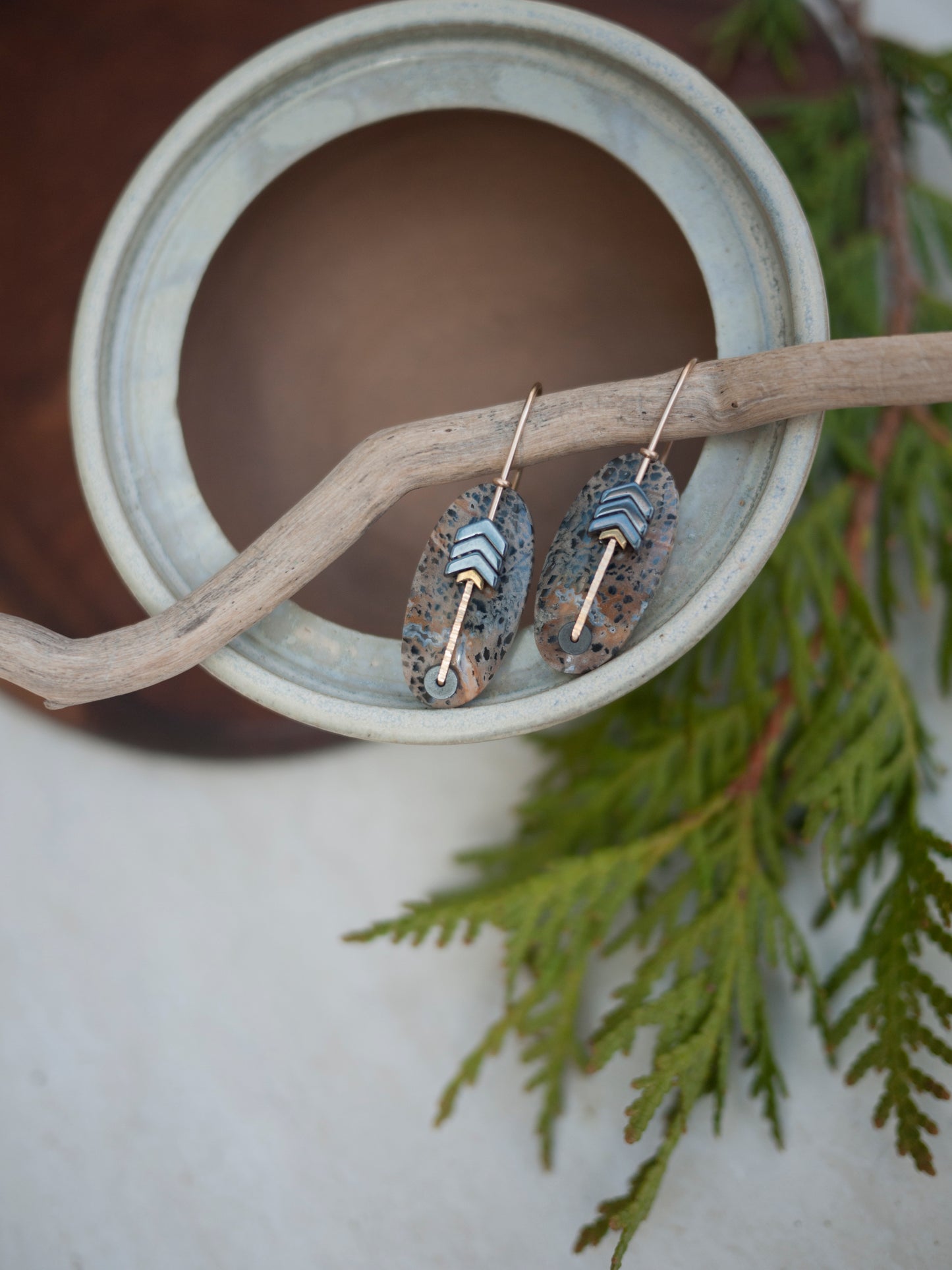 Oval Petrified Palmwood Chevron Drop Earrings