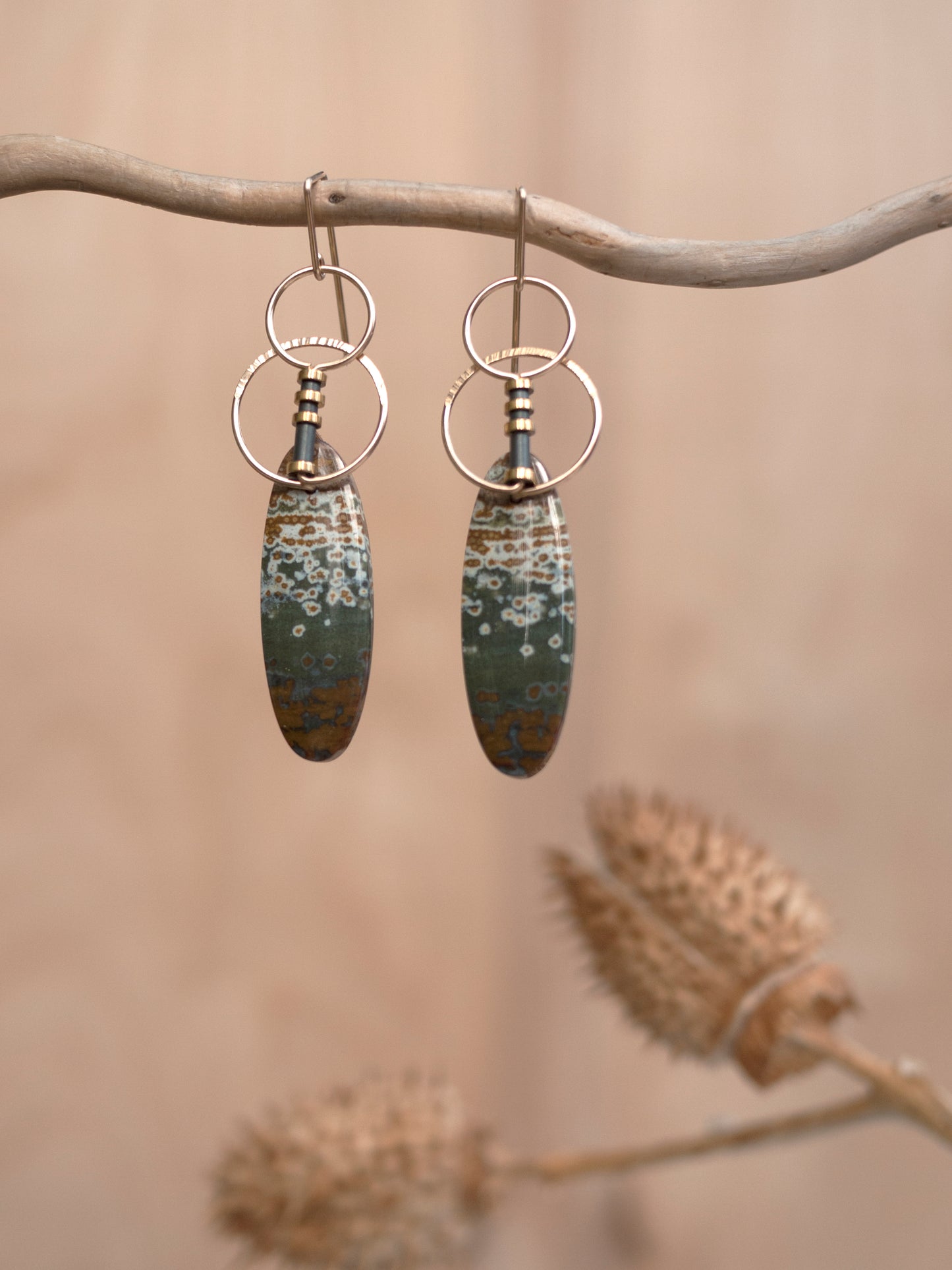Oval Ocean Jasper Circle Motif Dangle Earrings