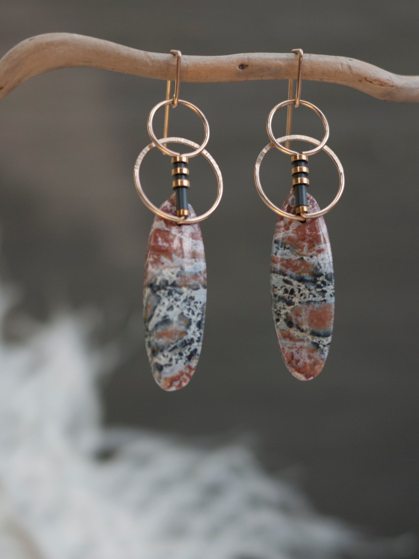 Oval River Jasper Circle Motif Dangle Earrings