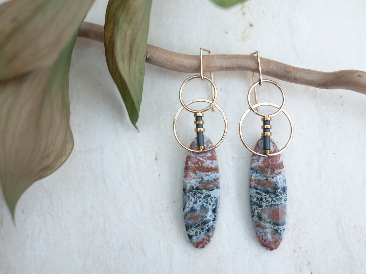 Oval River Jasper Circle Motif Dangle Earrings