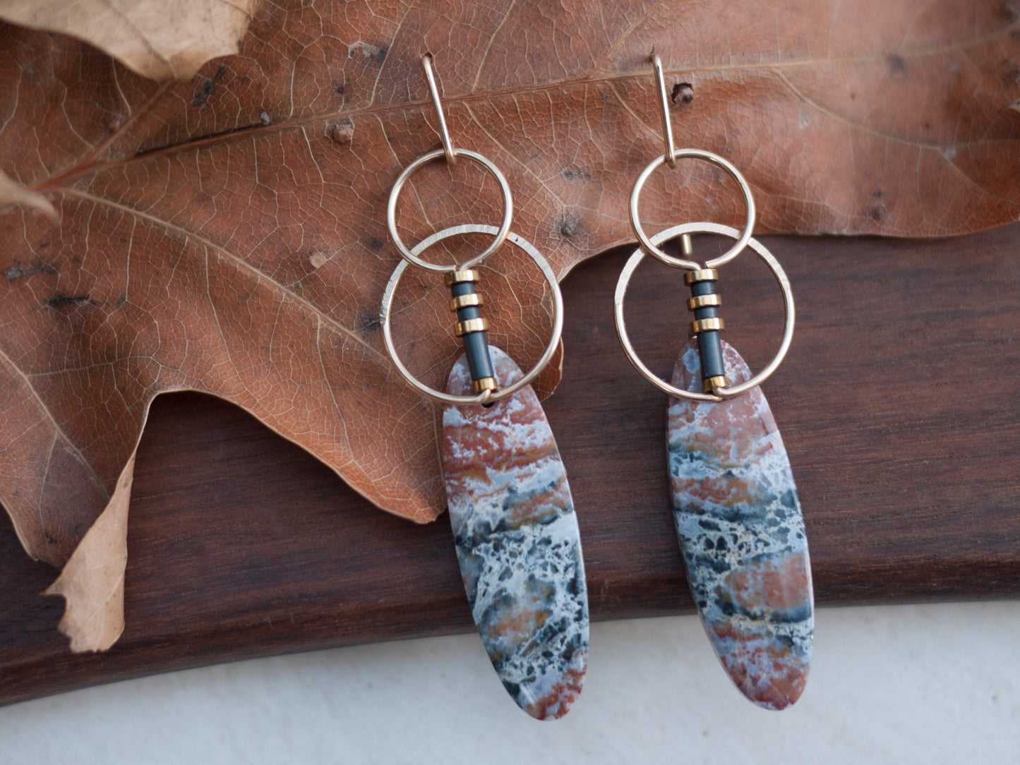 Oval River Jasper Circle Motif Dangle Earrings