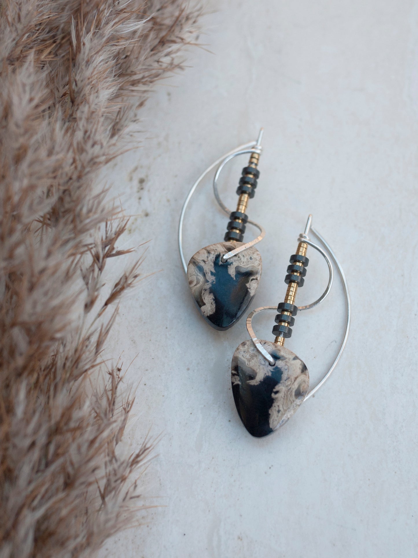 Sculptural Spiral Petrified Palm Wood Drop Earrings