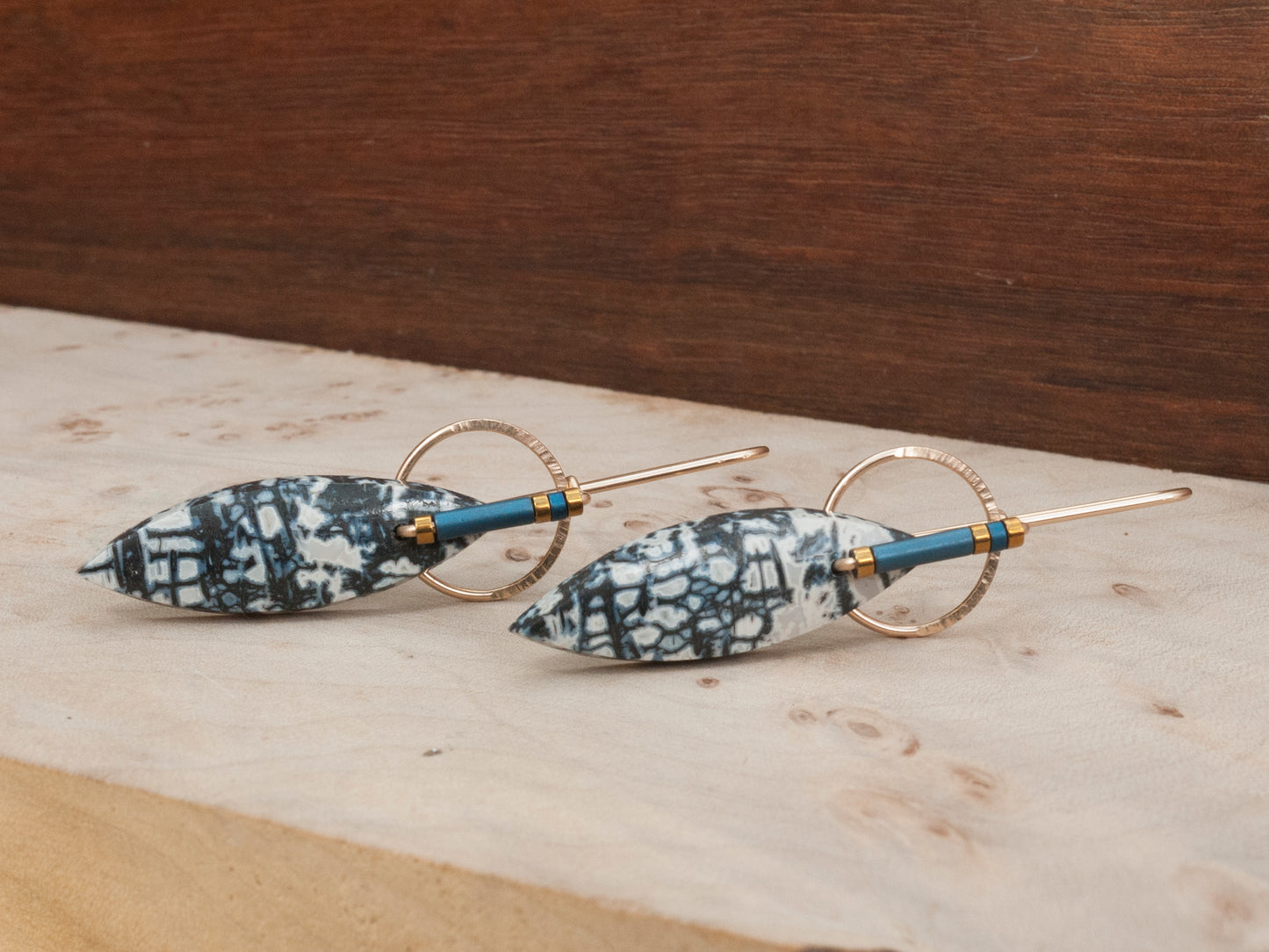 Marquise Shaped Petrified Palm Wood Sculptural Earrings
