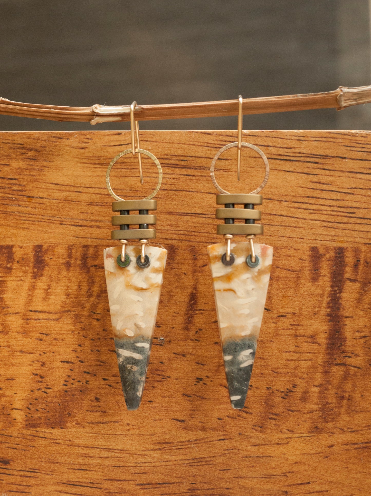 Three Bar Petrified Palm Wood Dangle Earrings