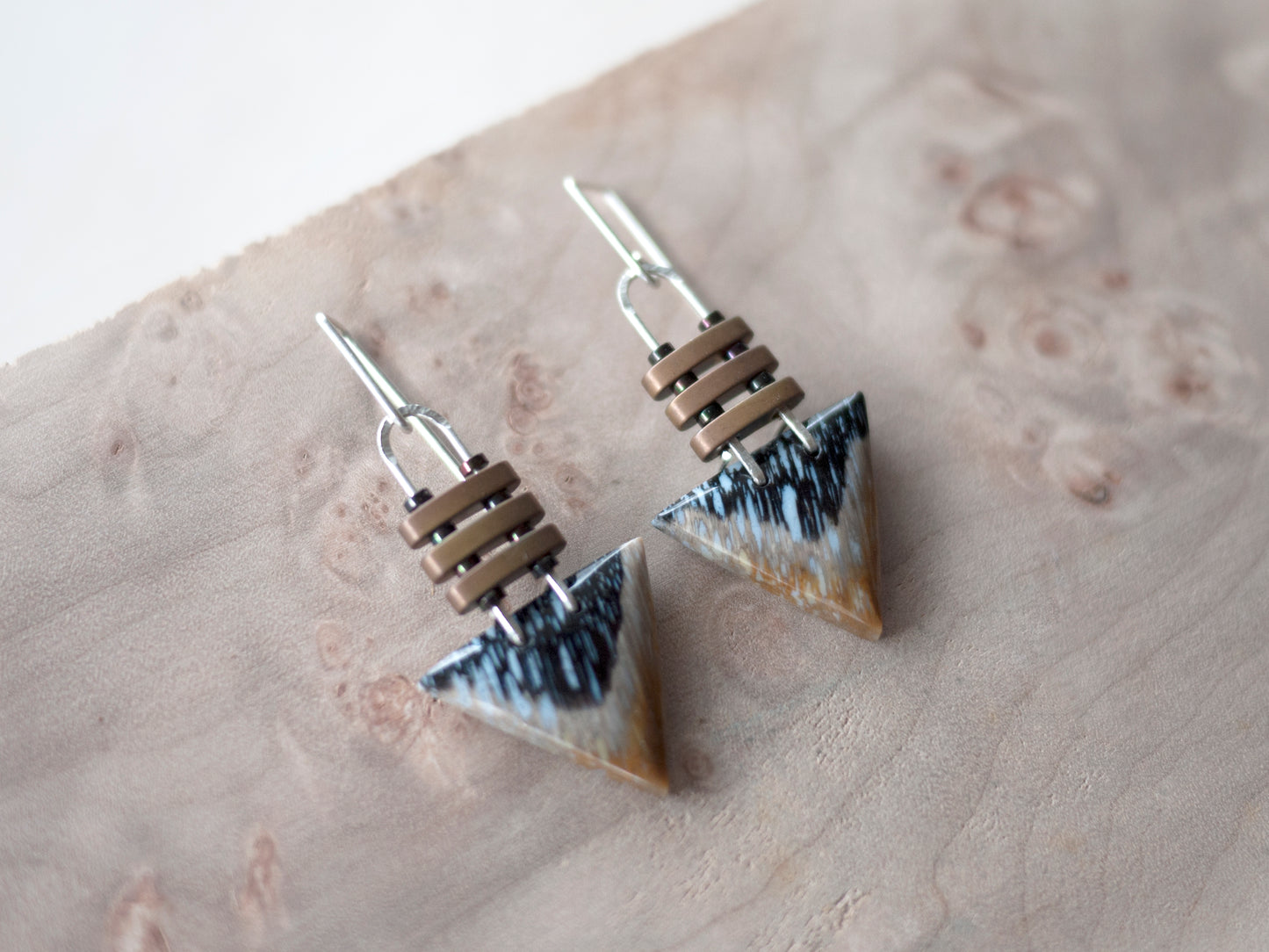 Petrified Palm Root Triangle Dangle Earrings