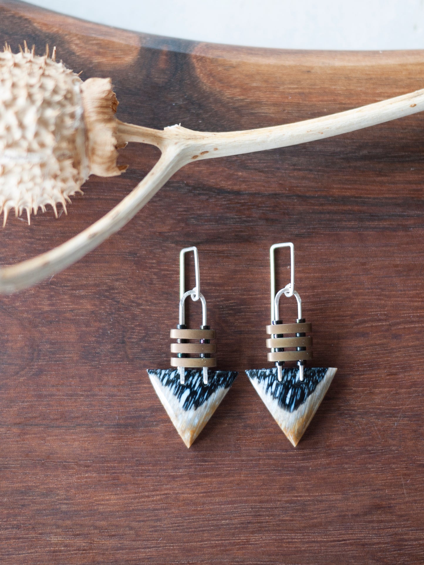 Petrified Palm Root Triangle Dangle Earrings